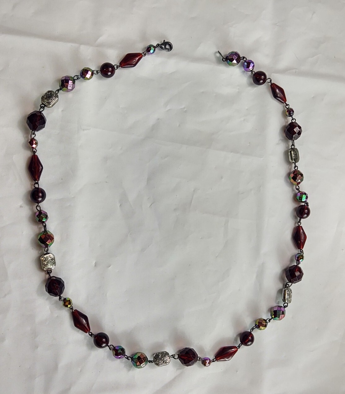 Vtg Beaded Necklace Silver Tone Clasp Red Iridescent Ornate Silver Tone Beads