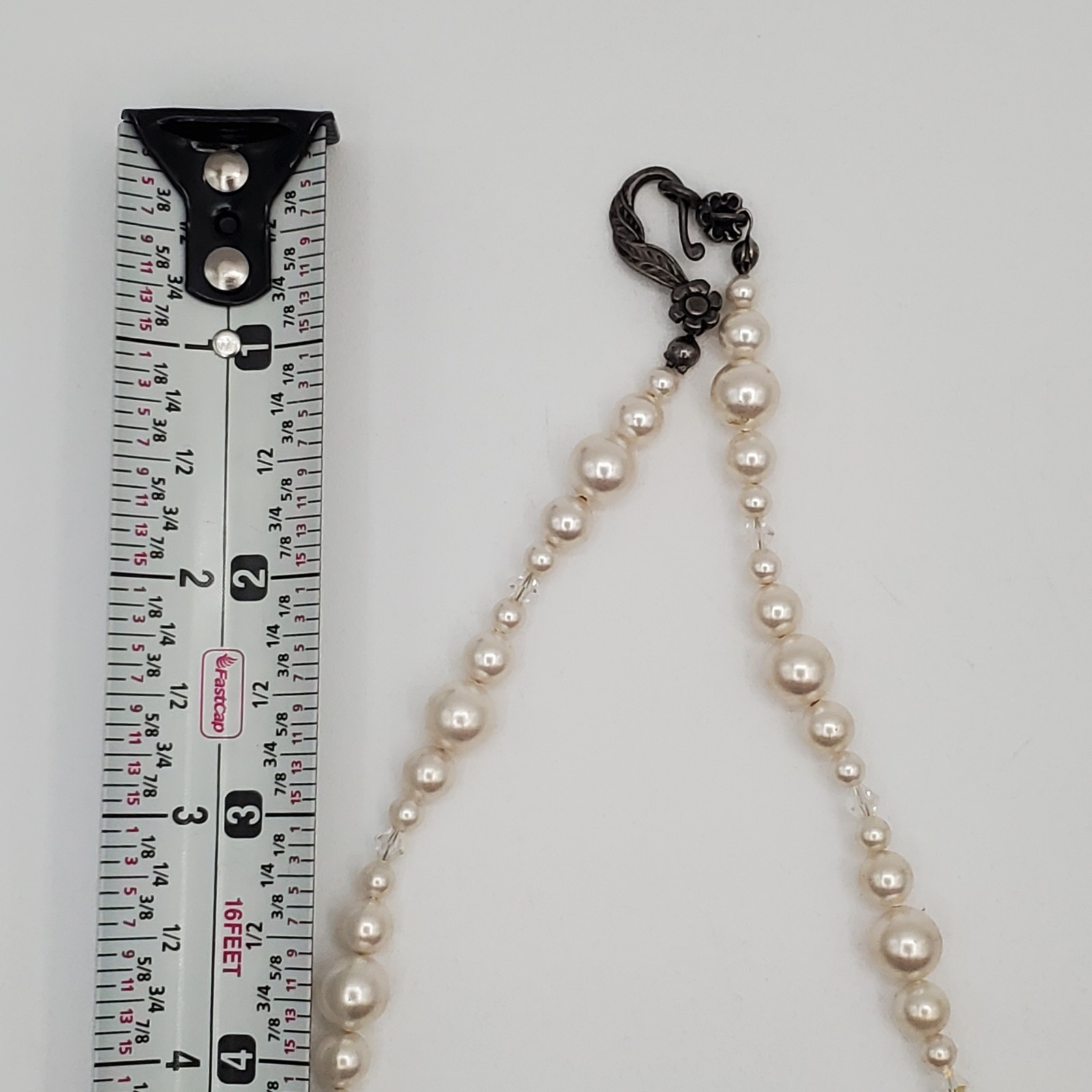 VTG 925 Faux Pearl Bicone Crystal Necklace 18in Sterling Silver 24gtw Estate