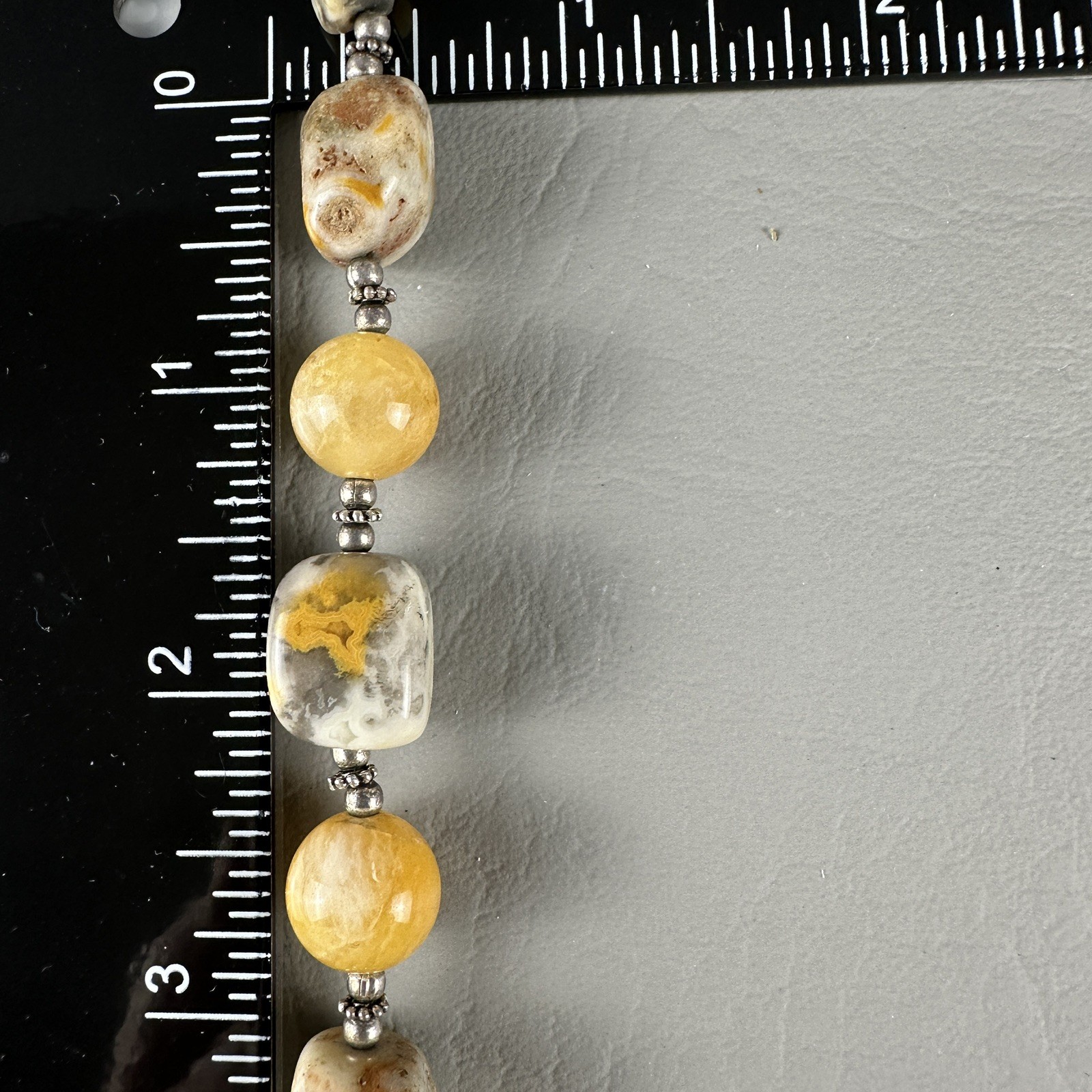 Vintage CW Sterling Silver Stone Bead Necklace Yellow Gray 16″