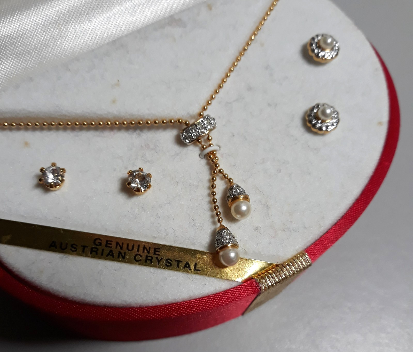 Vintage Austrian Crystal & Pearl Necklace Set w/ 2 Pairs Earrings Gold Tone NIB