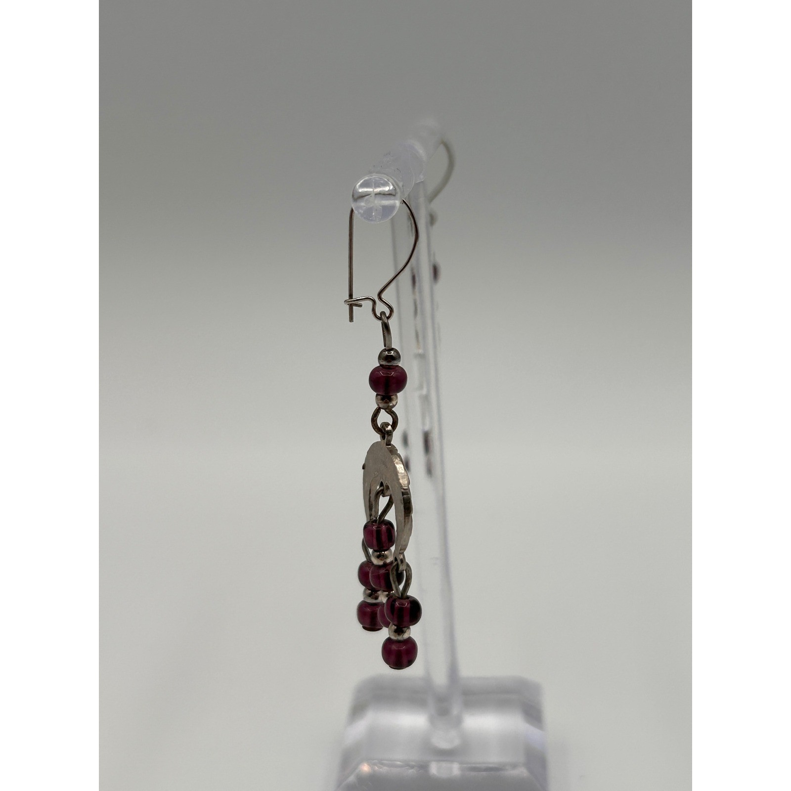Vintage Silver Tone Purple Beaded Chandelier Dangle Drop Earrings Boho