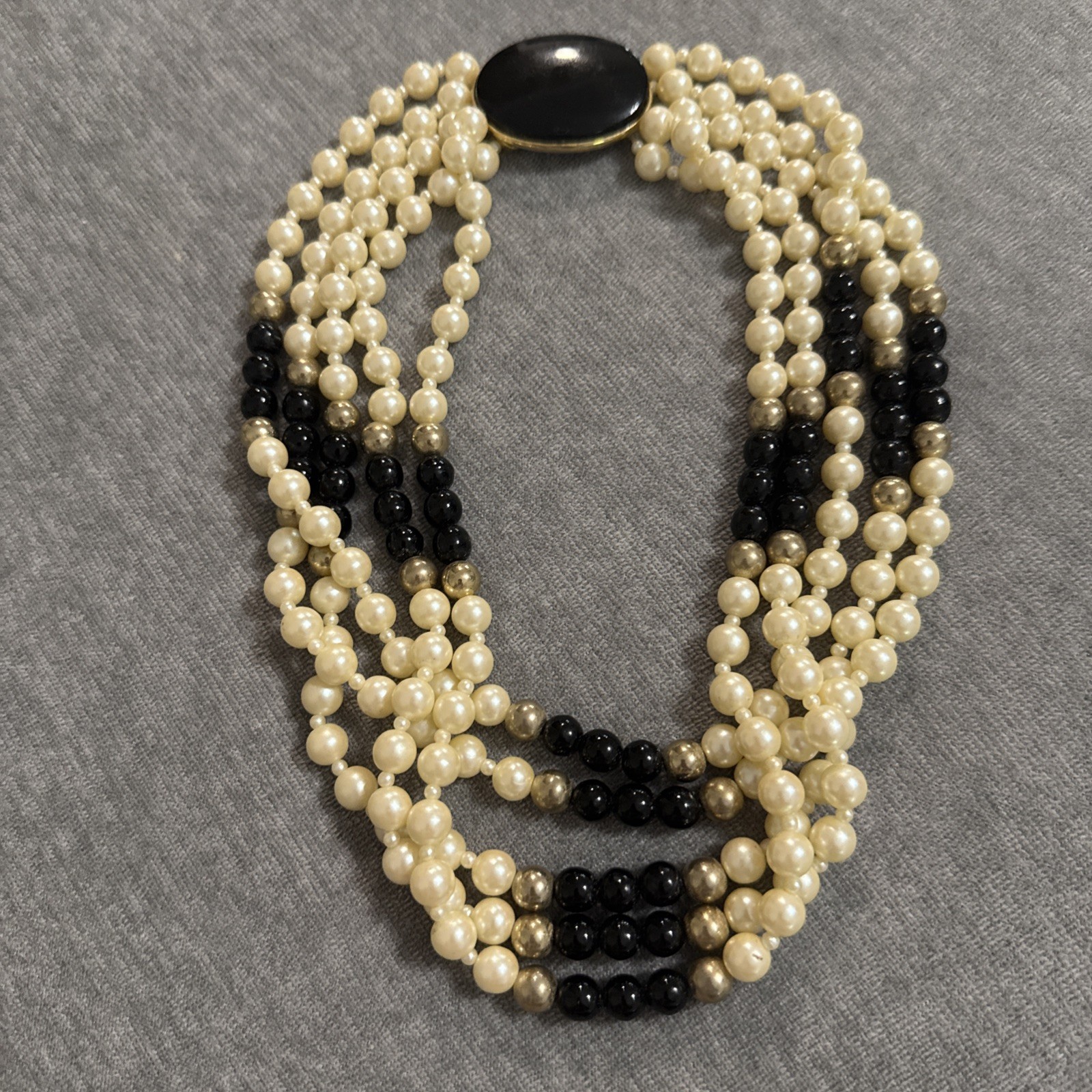 VTY Gay Boyer Faux Pearl Onyx Multi Strand Beaded Bib Statement Necklace Classic