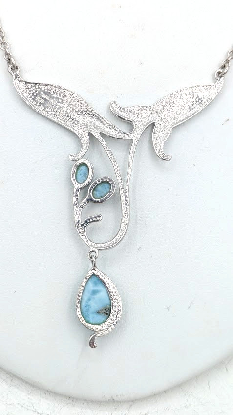 Vintage Floral Pendant Necklace Sterling Silver 925 Thailand Blue Glass