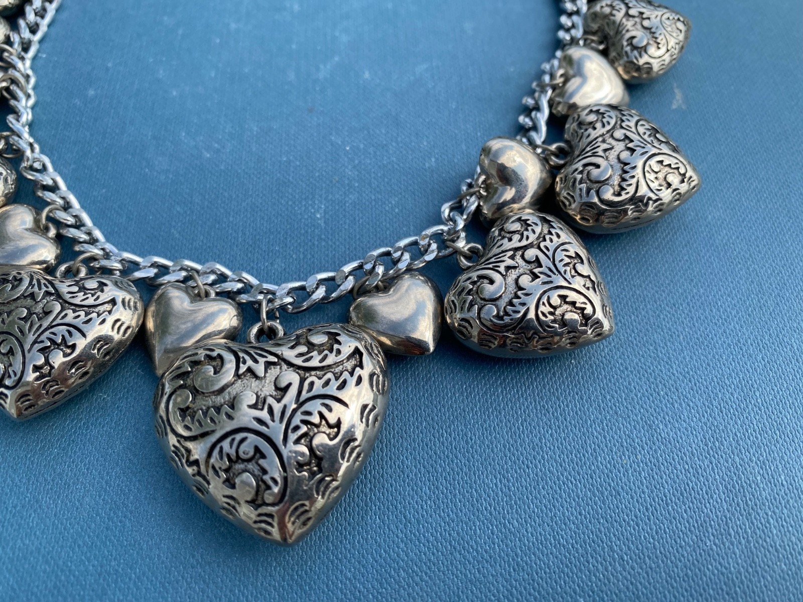 Necklace Chain Victorian Hearts Silver Tone Vintage