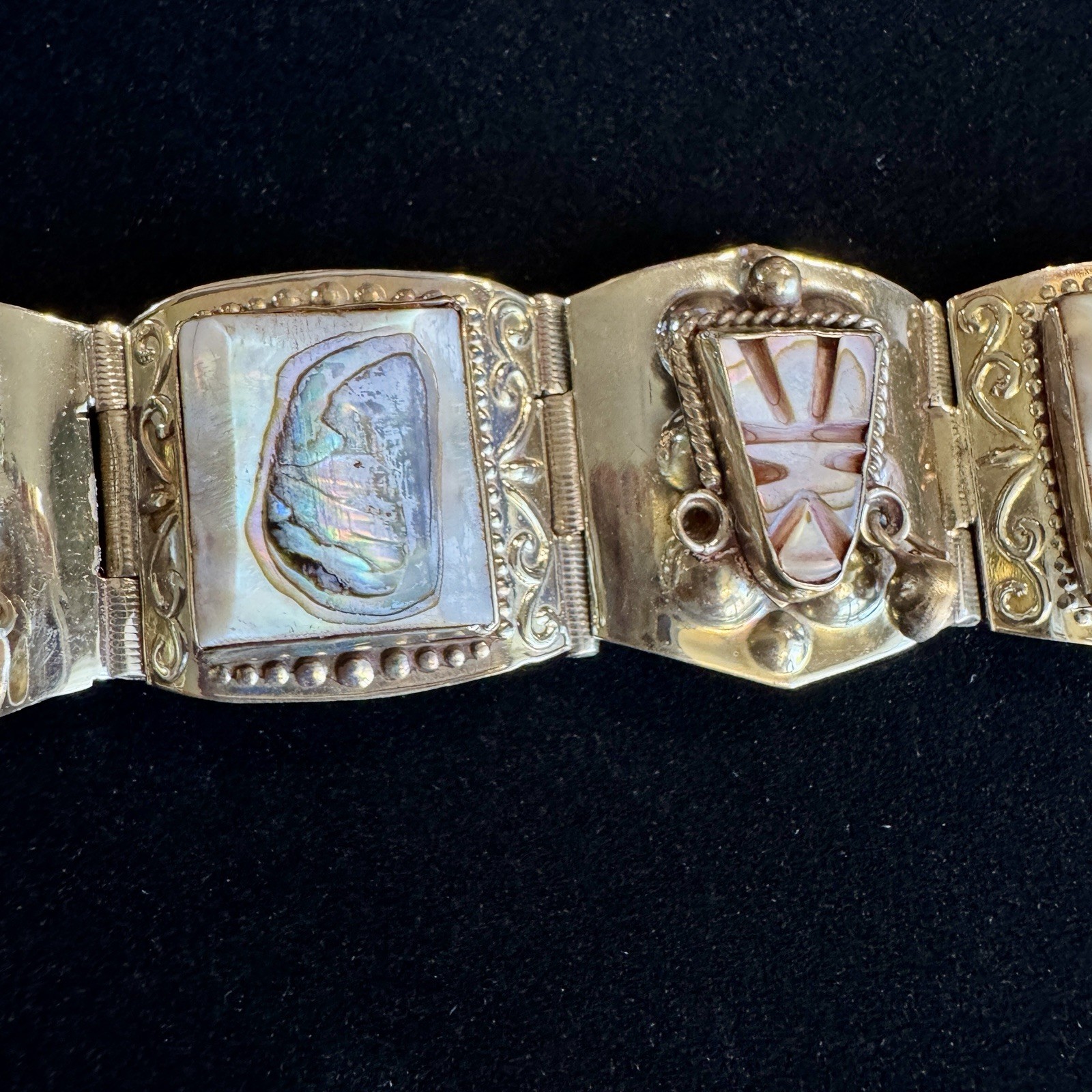 Vintage Mexico JZ Alpaca Silver Abalone Panel Bracelet Tribal Boho 7.25”