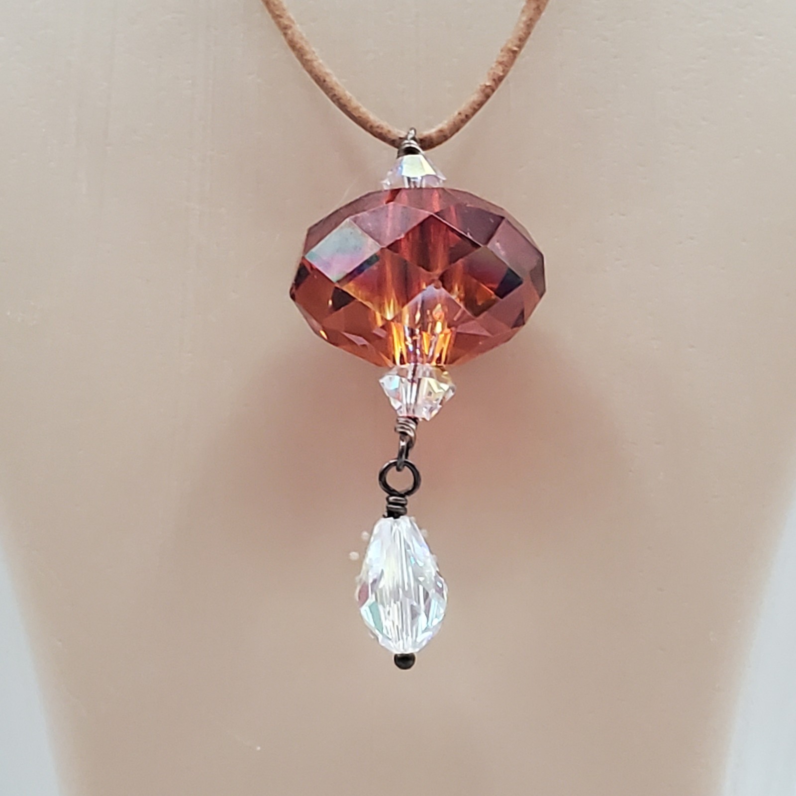 VTG 925 Faceted Amber Tone Crystal Necklace 18in Sterling Clasp Raw Leather Cord
