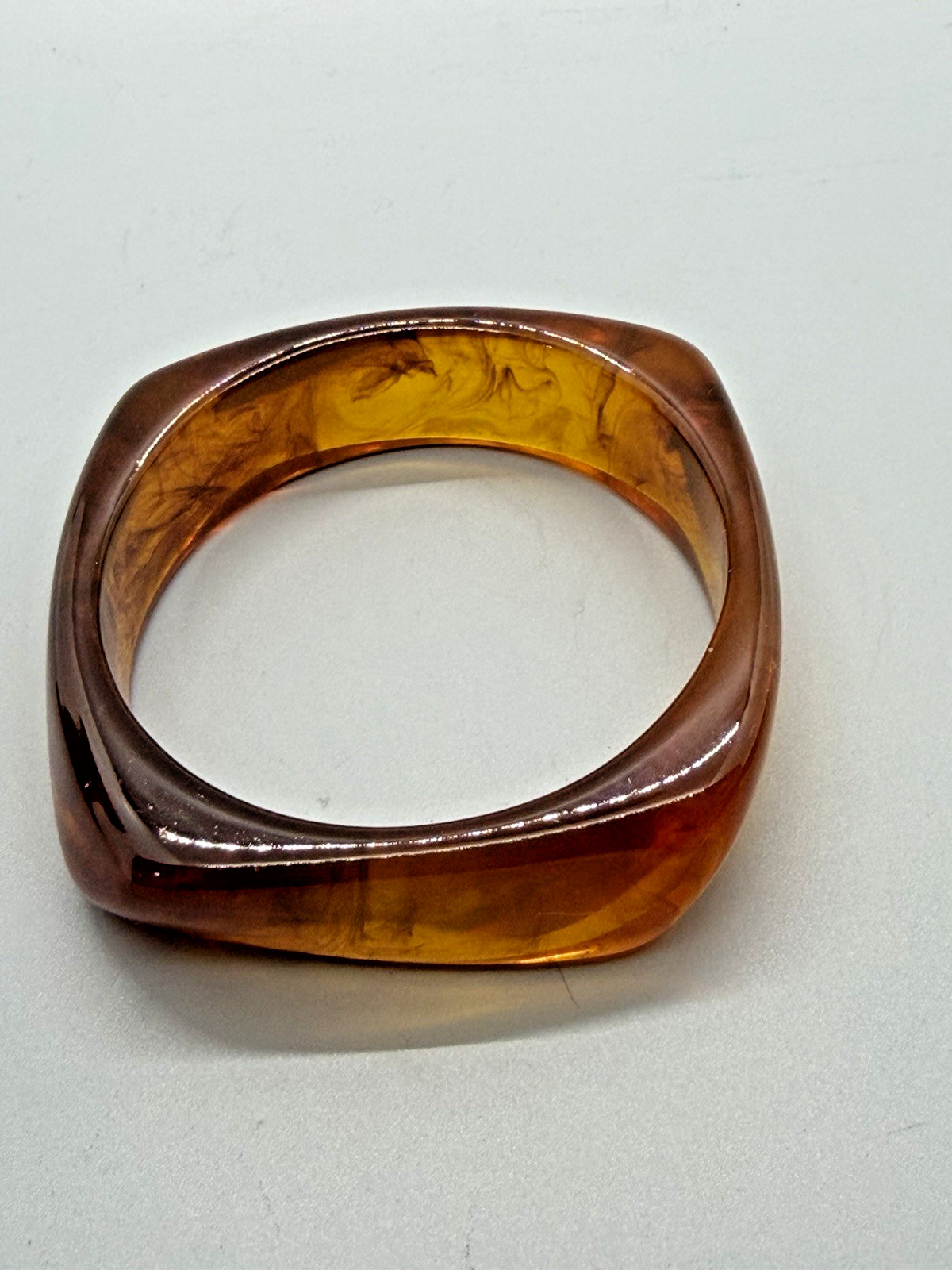 Vintage Brown Lucite Statement Bangle Bracelet Marbled Square Modern Sz 8.25