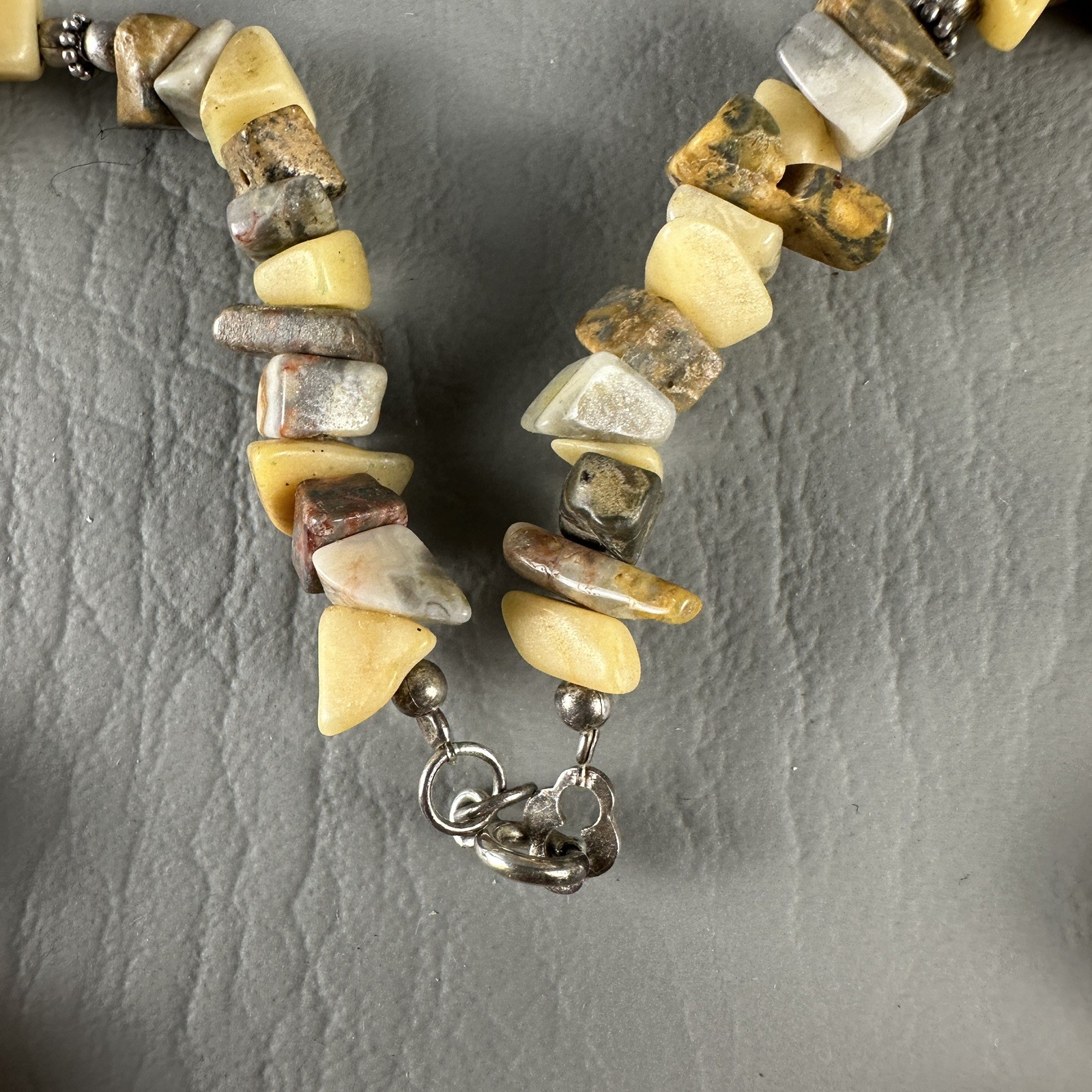 Vintage CW Sterling Silver Stone Bead Necklace Yellow Gray 16″