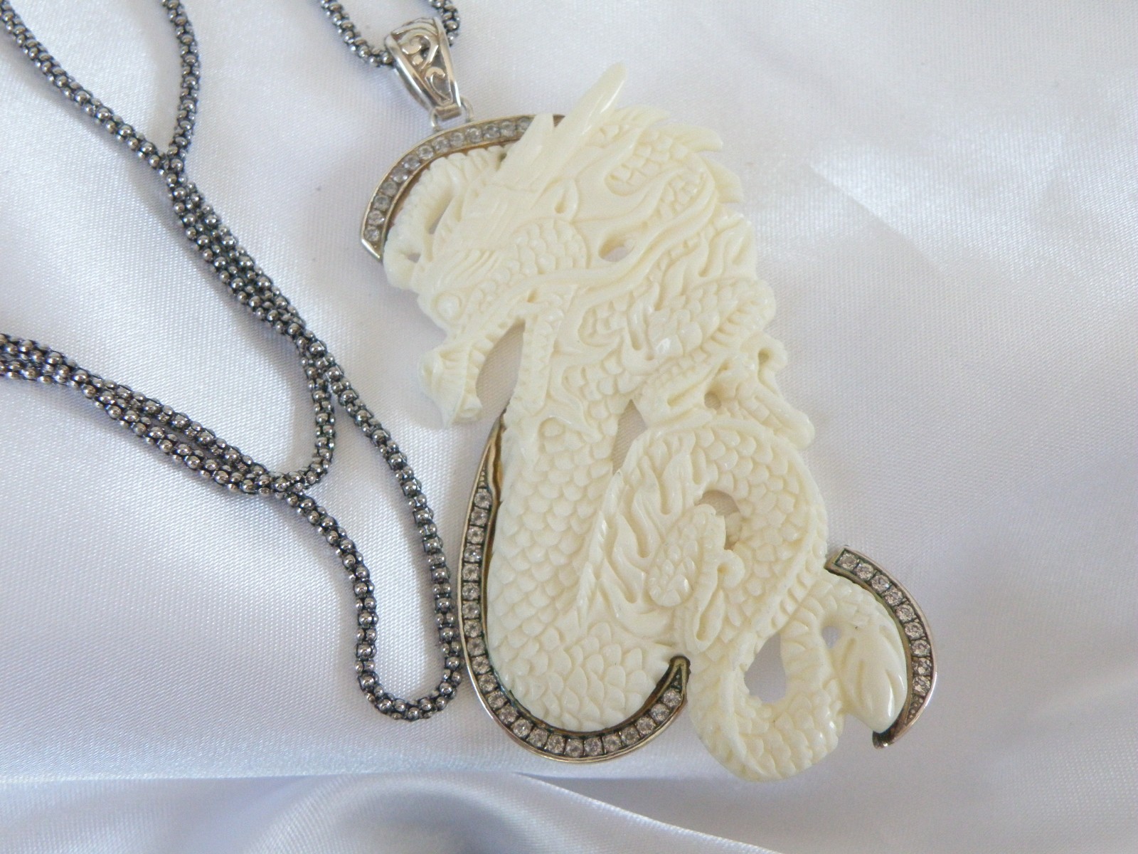 Huge Samuel B Carved CZ Dragon Statement Pendant Popcorn Mesh Necklace