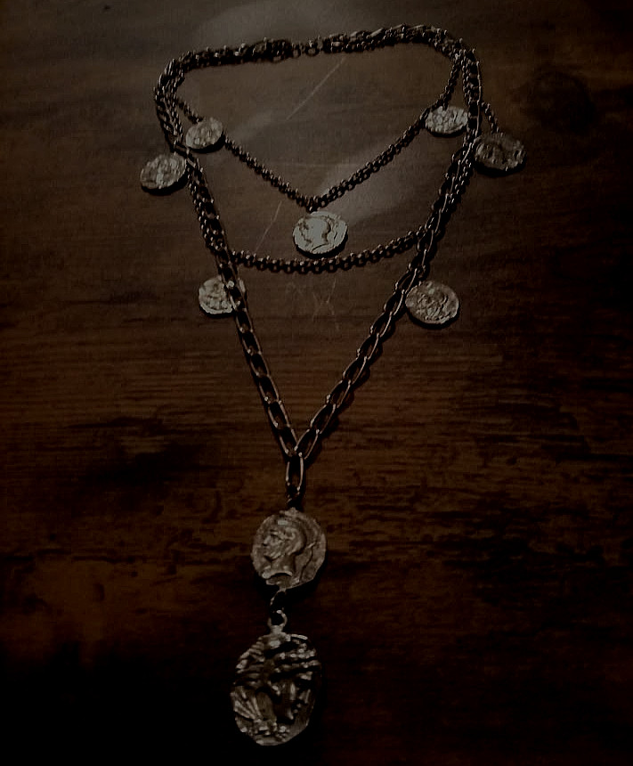 vintage silvertone coins necklace layered 1960s