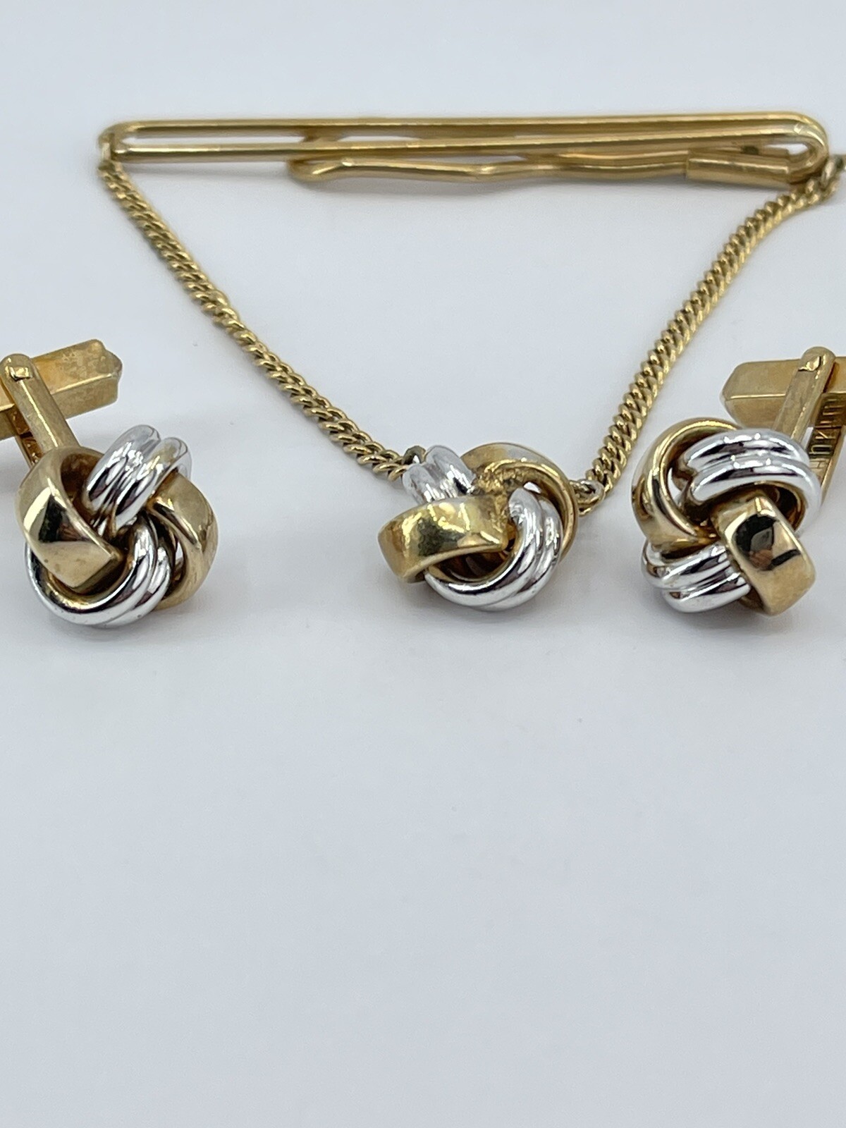 Swank cufflinks and tie clip set gold and silver tone knot bullet back