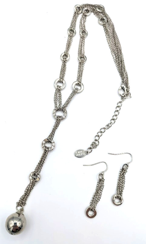 Vintage BIJOUX TERNER Necklace Earring Set Silver Tone Lariat Rhinestone