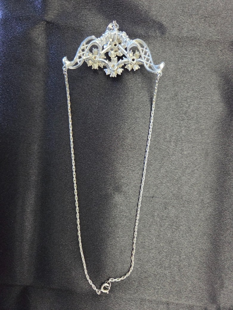 Vintage Style Silver Tone Filigree Necklace with Red Stones – Ornate Statement P