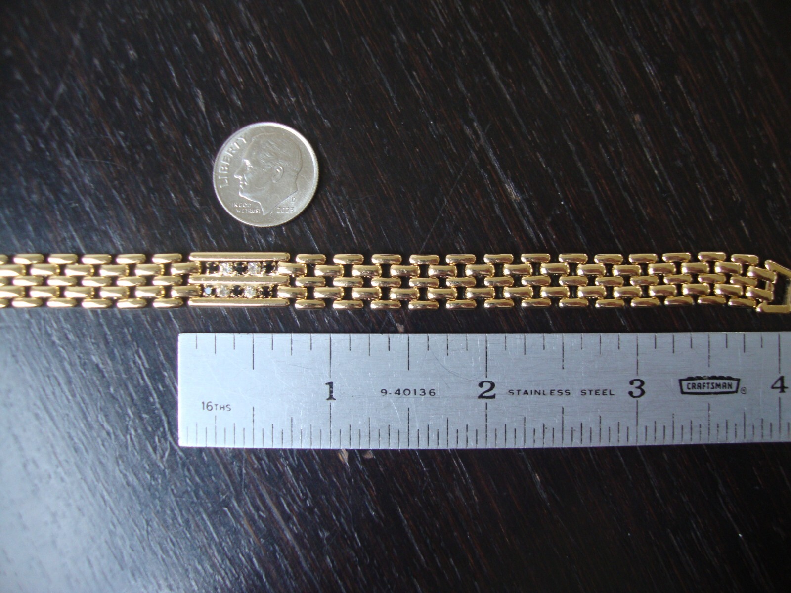 VINTAGE TINY BLACK & CLEAR RHINESTONES GOLD PLATED FLEXIBLE FLAT LINK BRACELET