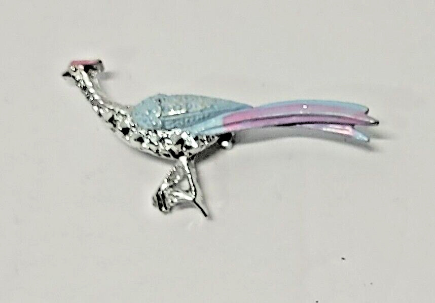 Pheasant Vintage Silver tone Pink & Blue Enamel Brooch Approximately 2 1/4 in.