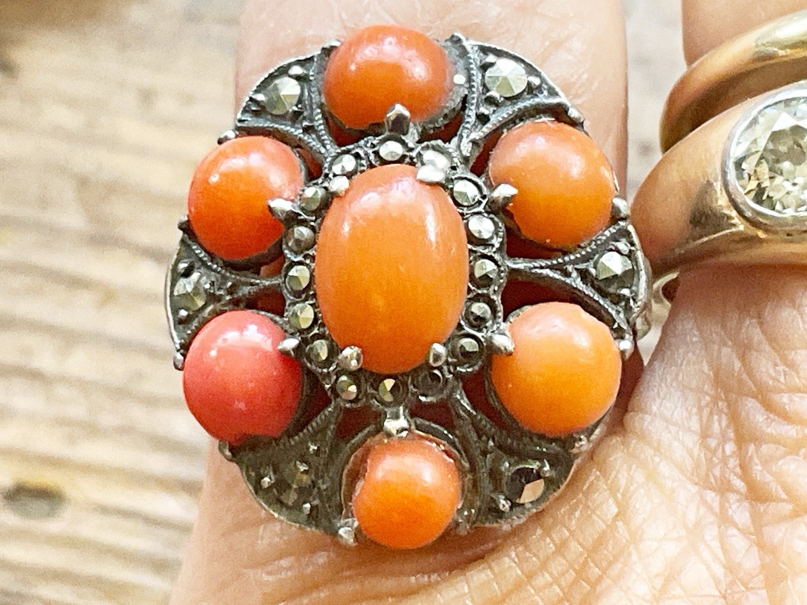 Antique Art Deco 925 Sterling with Coral & Marcasites Cluster Ring Sz. 4.75