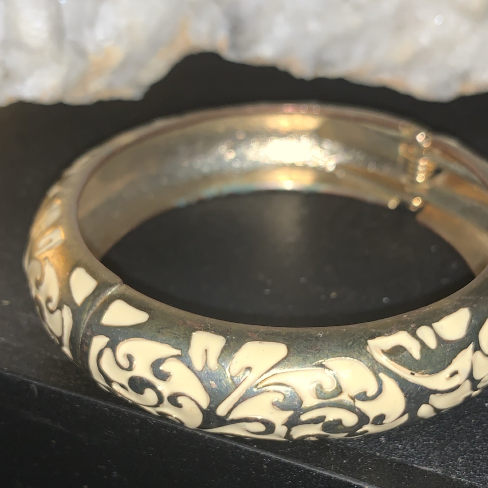 Vintage Ivory and Gold Enamel Hinged Bangle Bracelet Metal Floral Design
