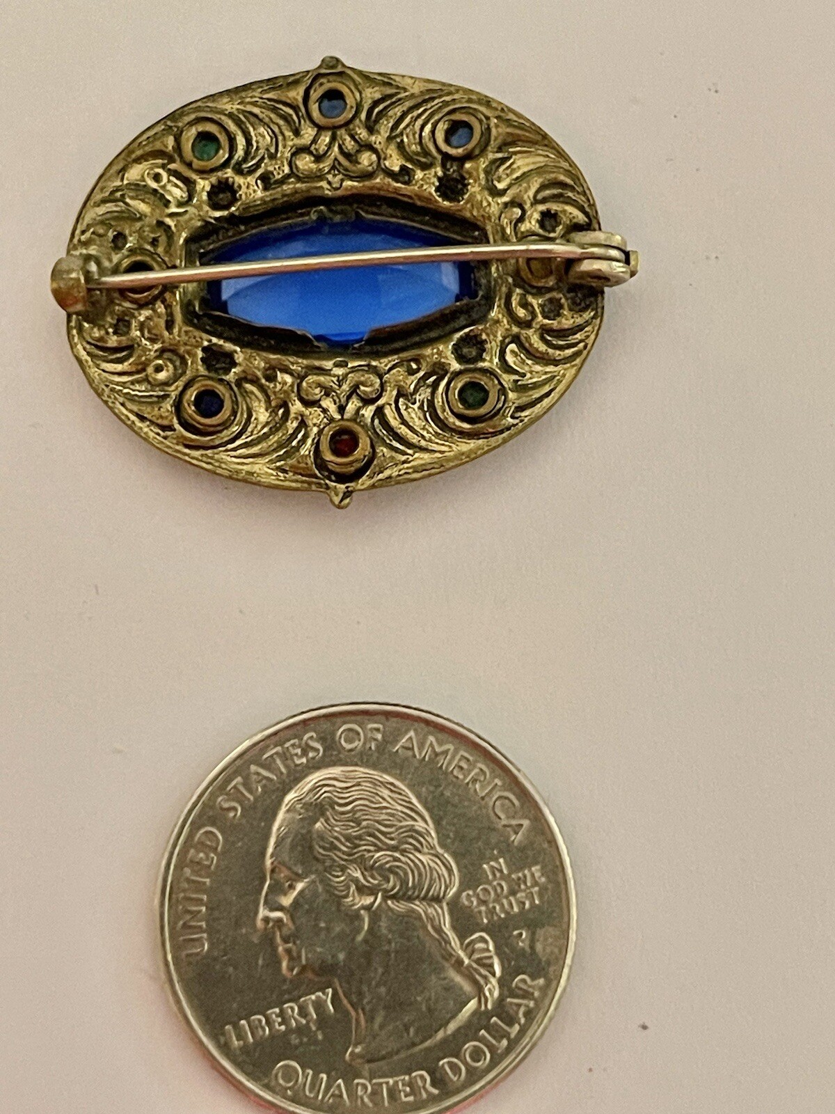 Art Nouveau Blue Lozenge Fruit Salad Czech Glass Goldtone Filigree￼ Brooch