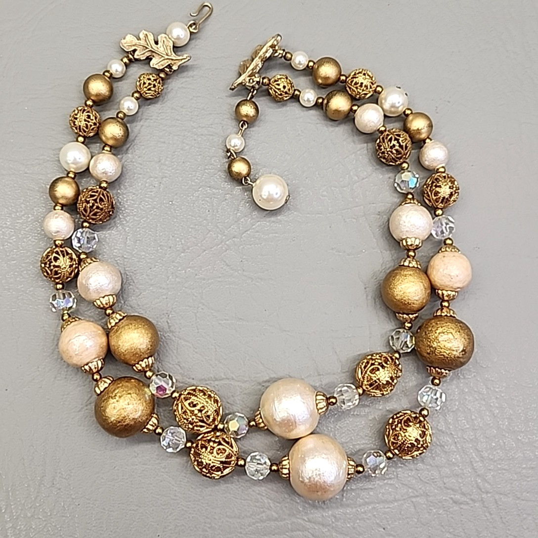 Vintage Beaded Necklace AB Cream Gold Tone Filigree Balls Layered 16″