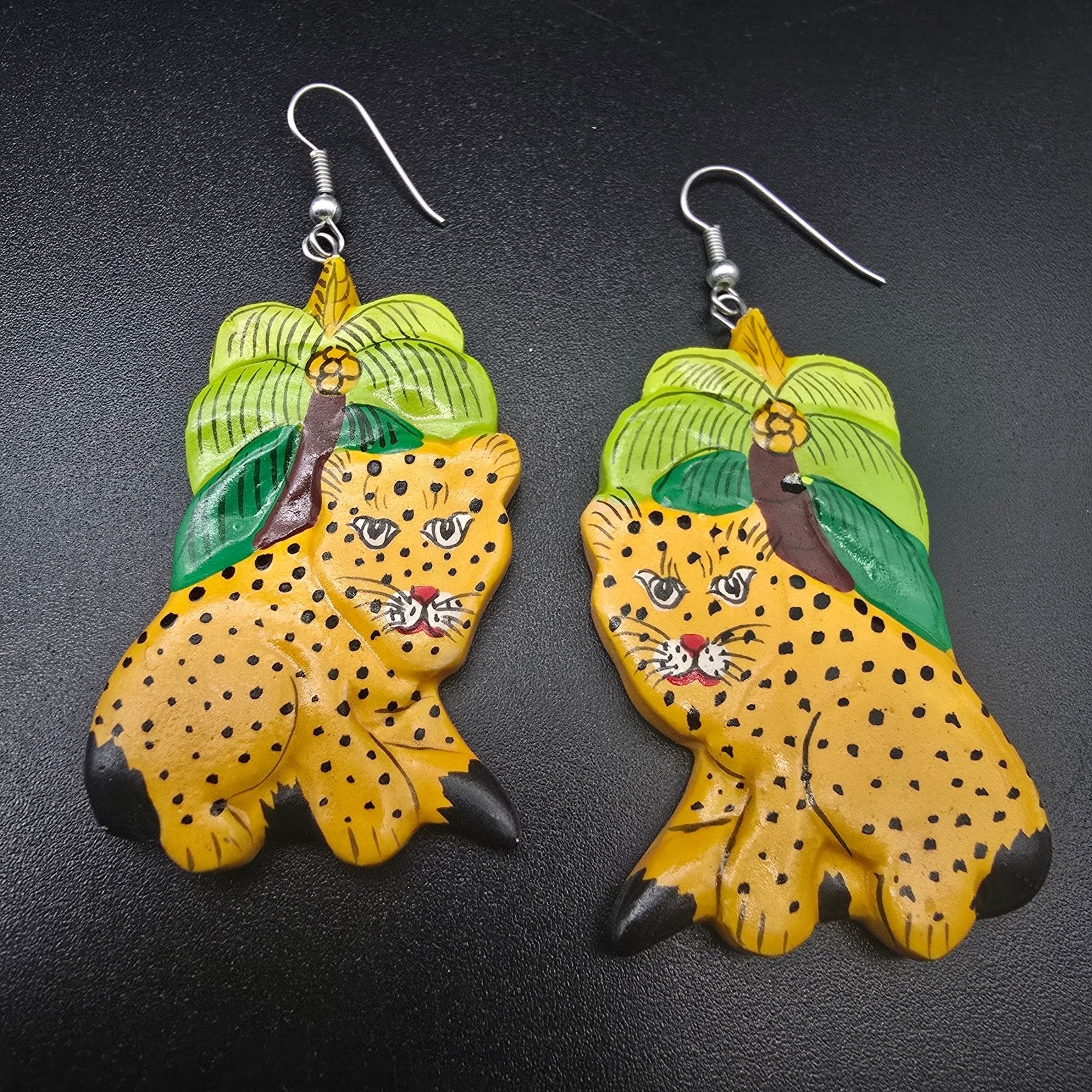 Hand Painted Wood Leopard Cheetah Earrings Safari Vintage 1980s