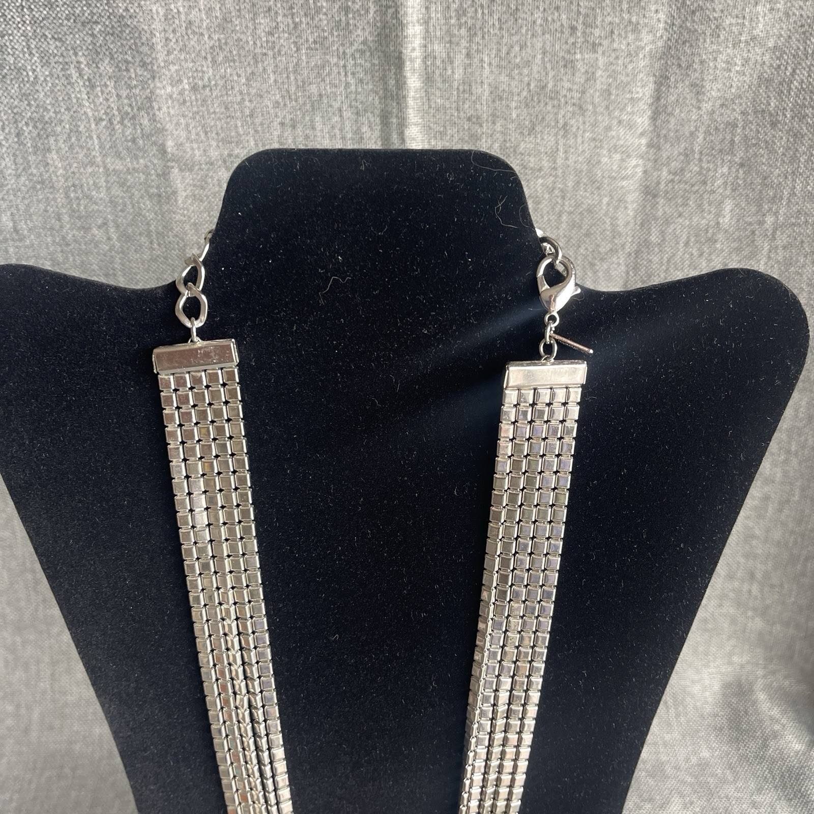 Vintage Silver Tone Metal Drape 5 Strand Necklace MCM Claw Clasp 25” Adjustable