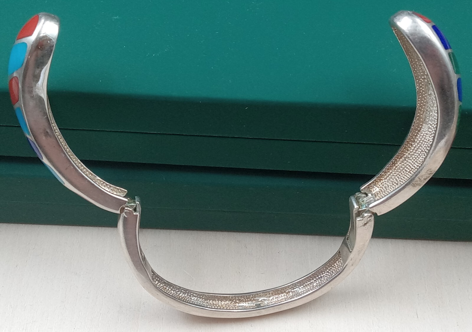 Estate Silver Double Hinged Bracelet: enamel inlay great colors
