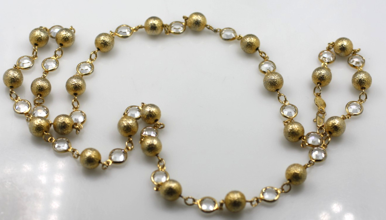 Austrian USA Crystal Necklace Clear 10mm bead chain Open Bezel 34″ gold tone