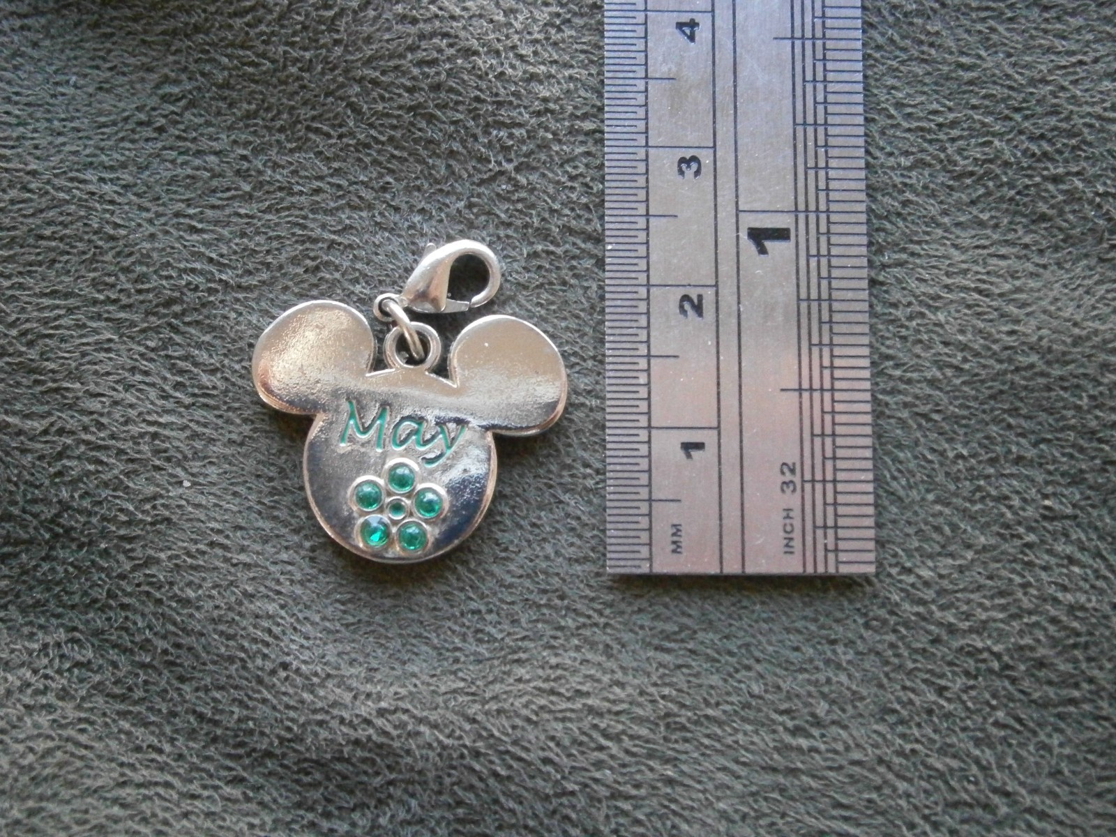 Mickey Mouse Ears May Birthstone Vintage Silvetone Bracelet Charm Pendant 3.5g