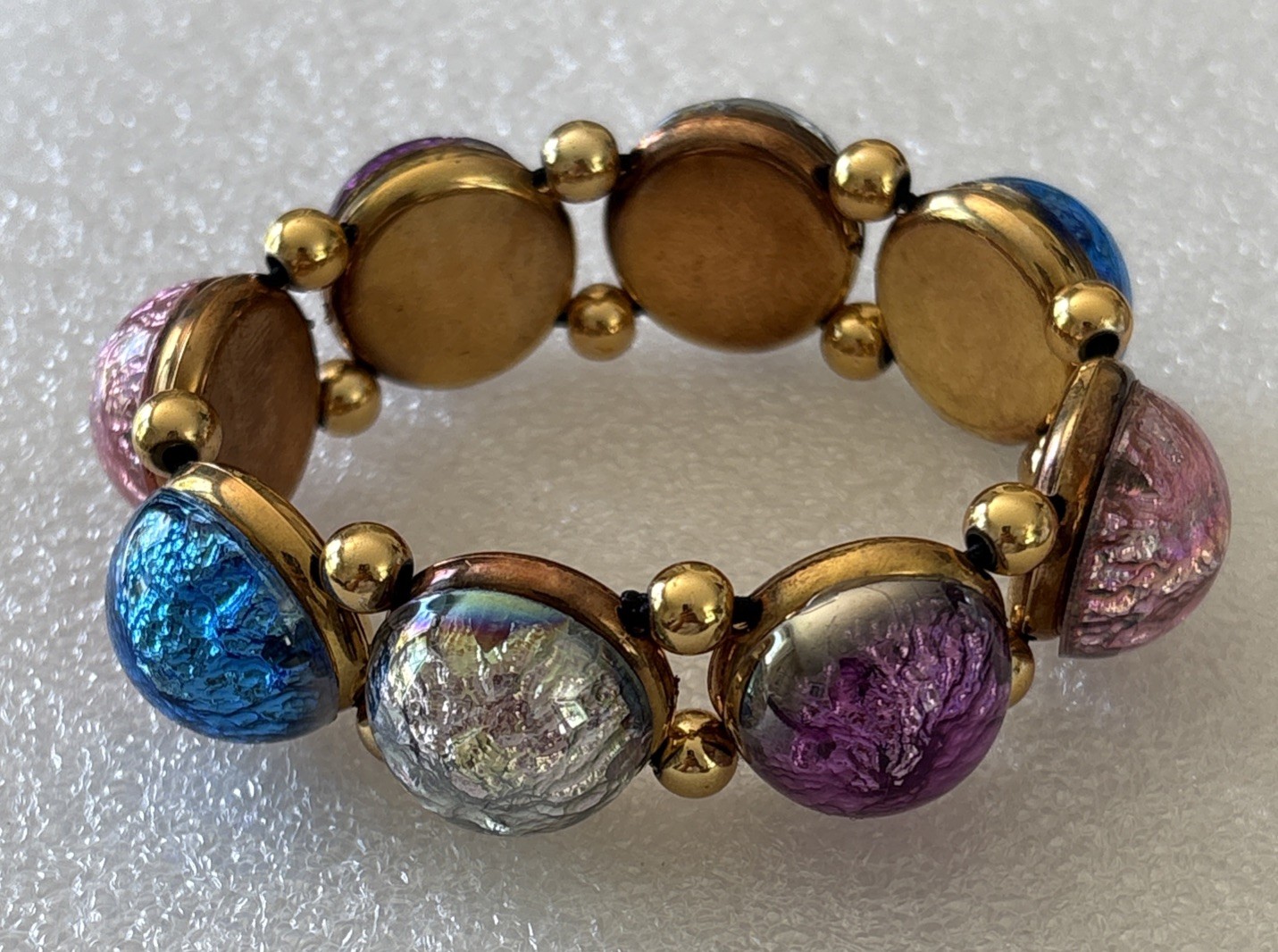 Vintage Plastic Foil Cabochon Stretch Bracelet Costume Jewelry Faux Gems NOS