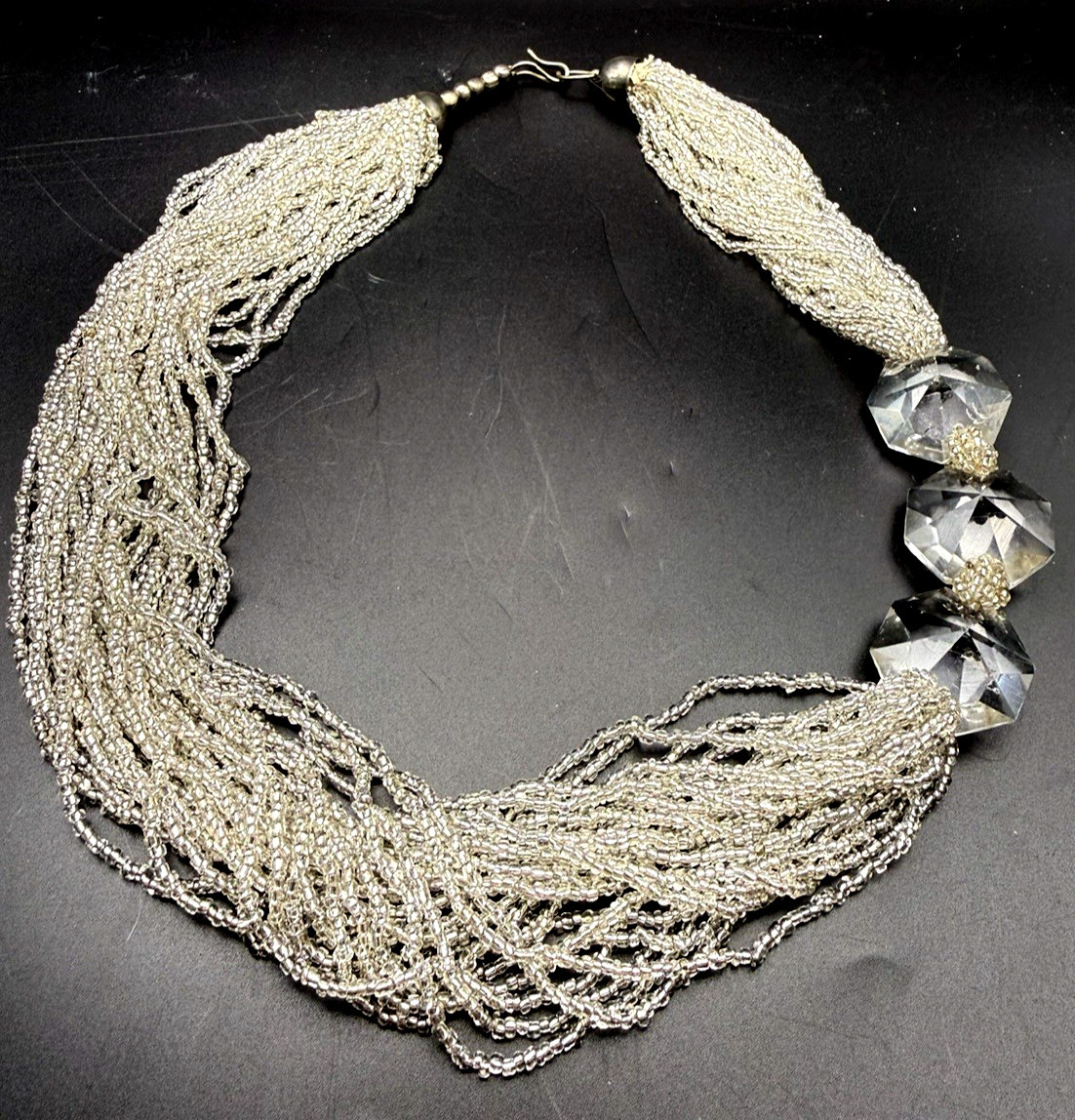 Vintage 25 Strand Silver Tone Clear Seed Bead & Faceted Crystal Necklace