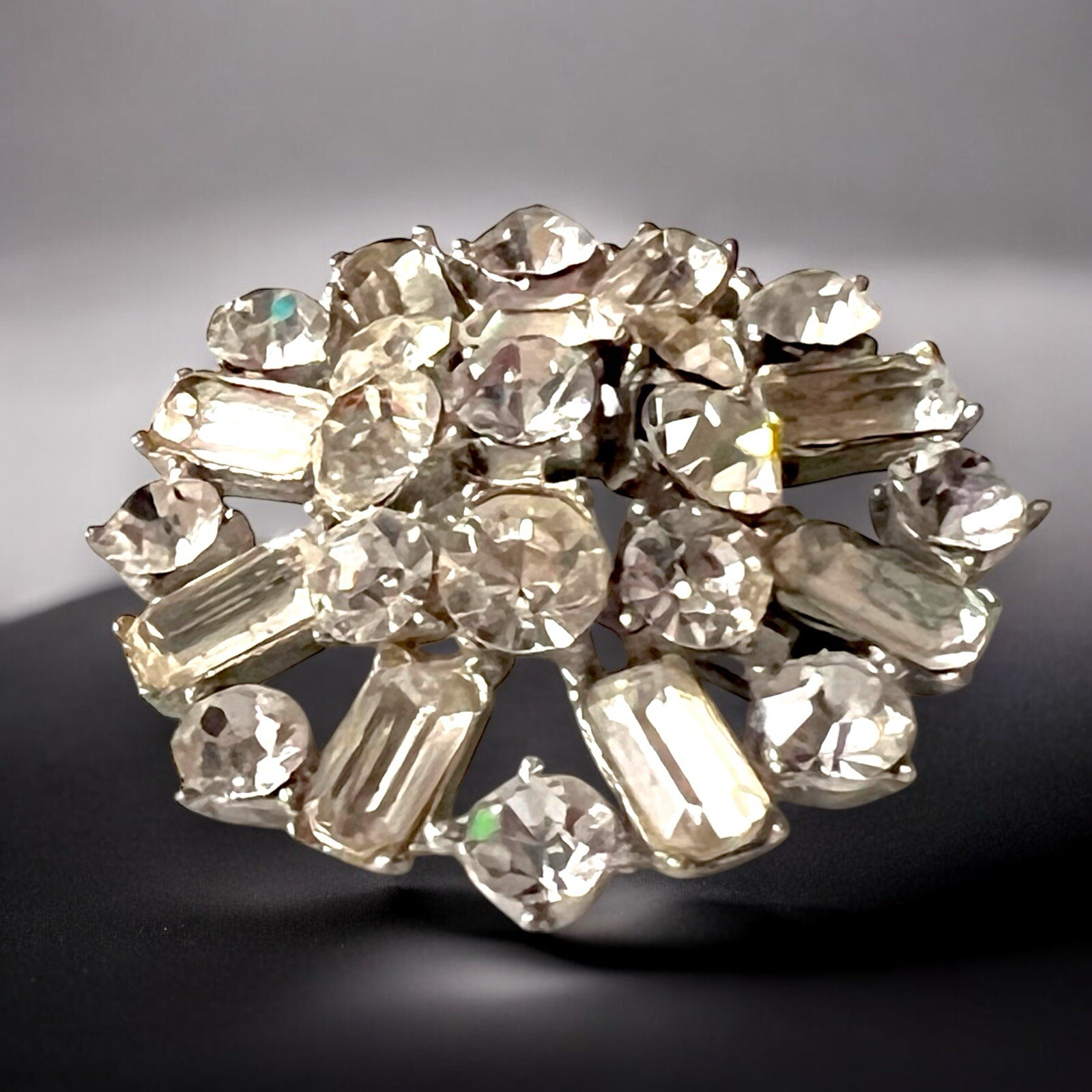 Large Starburst Rhinestone Brooch Vintage Atomic Domed Baguette Pin Vintage