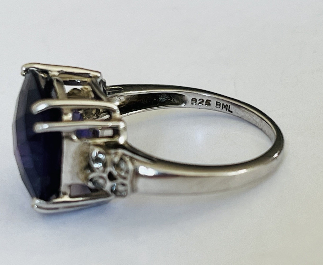 Designer BML Sterling Silver Cushion Cut Amethyst And White Topaz Ring Size 7