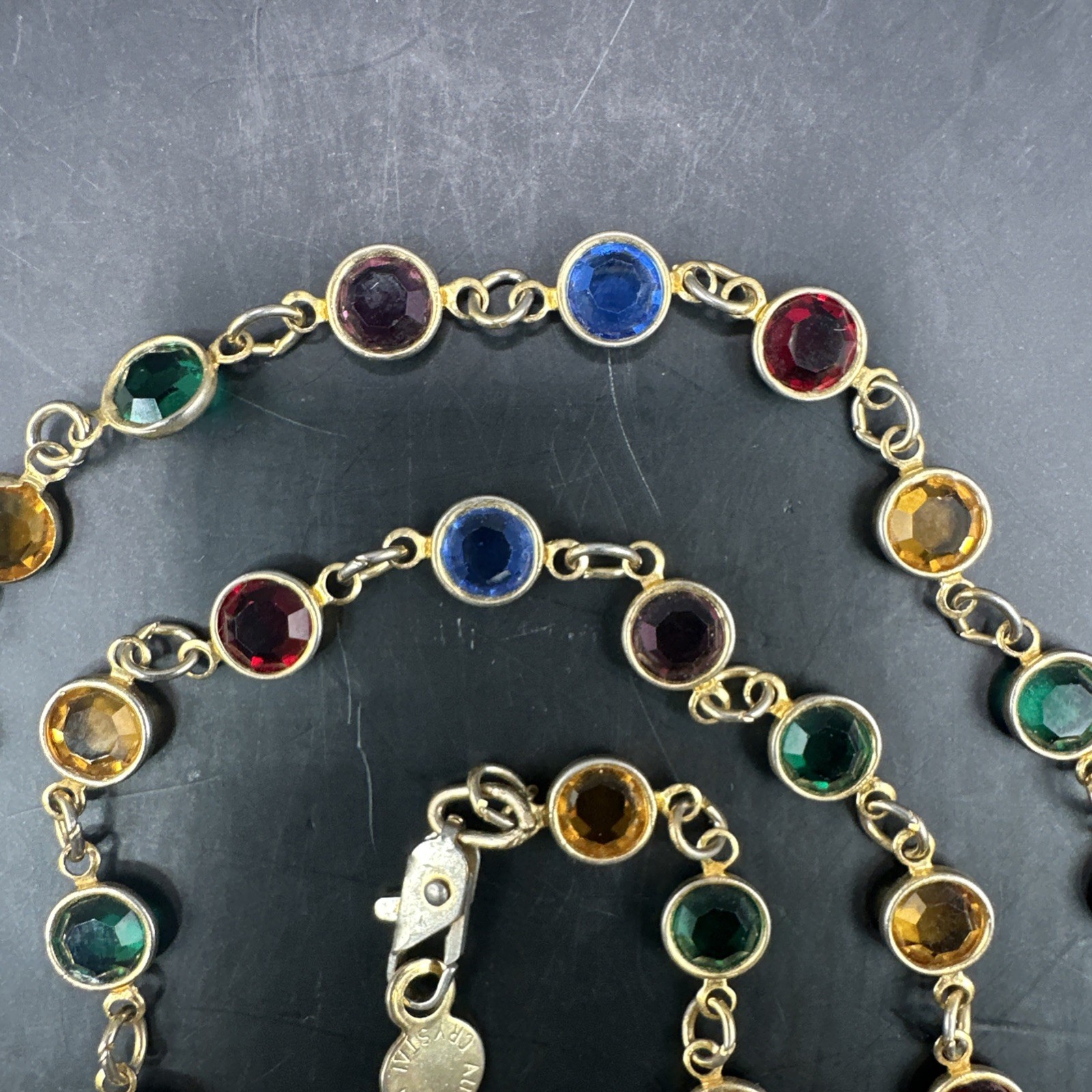 Vintage Austrian Crystal USA Multi-Color Crystal Necklace Bezel Set Jewelry 19″