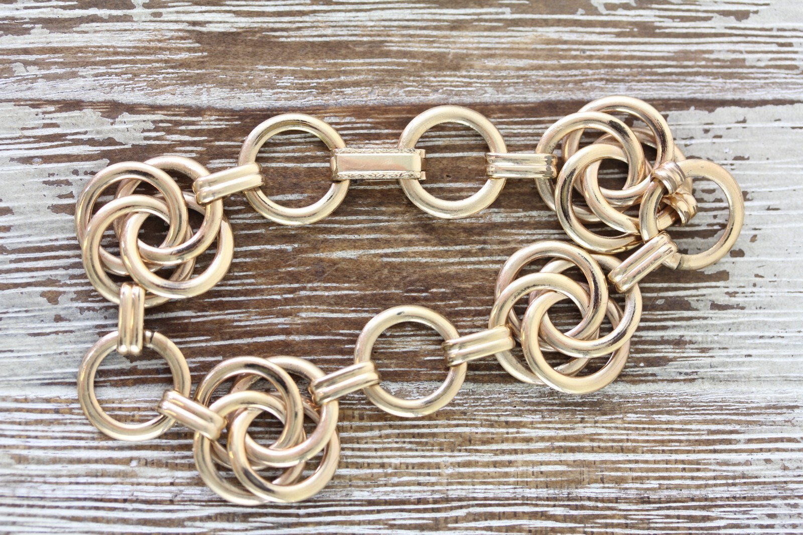 VINTAGE 1940s CIRCLE KNOT GOLD FILLED CHAIN LINK BRACELET 7.25″ RETRO STACK