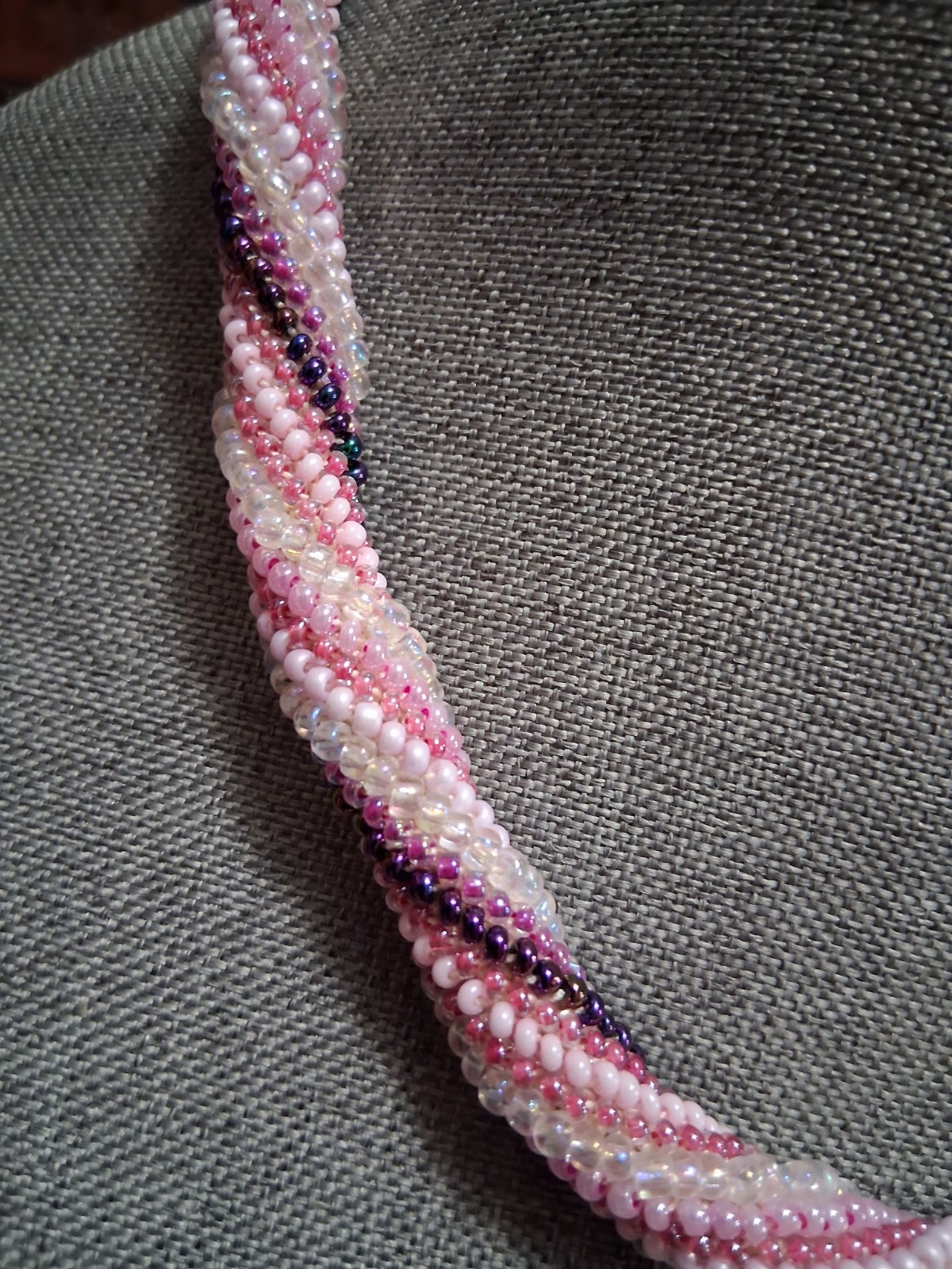 Twisted torsade necklace, pink, purple, & white glass seed bead, rope style