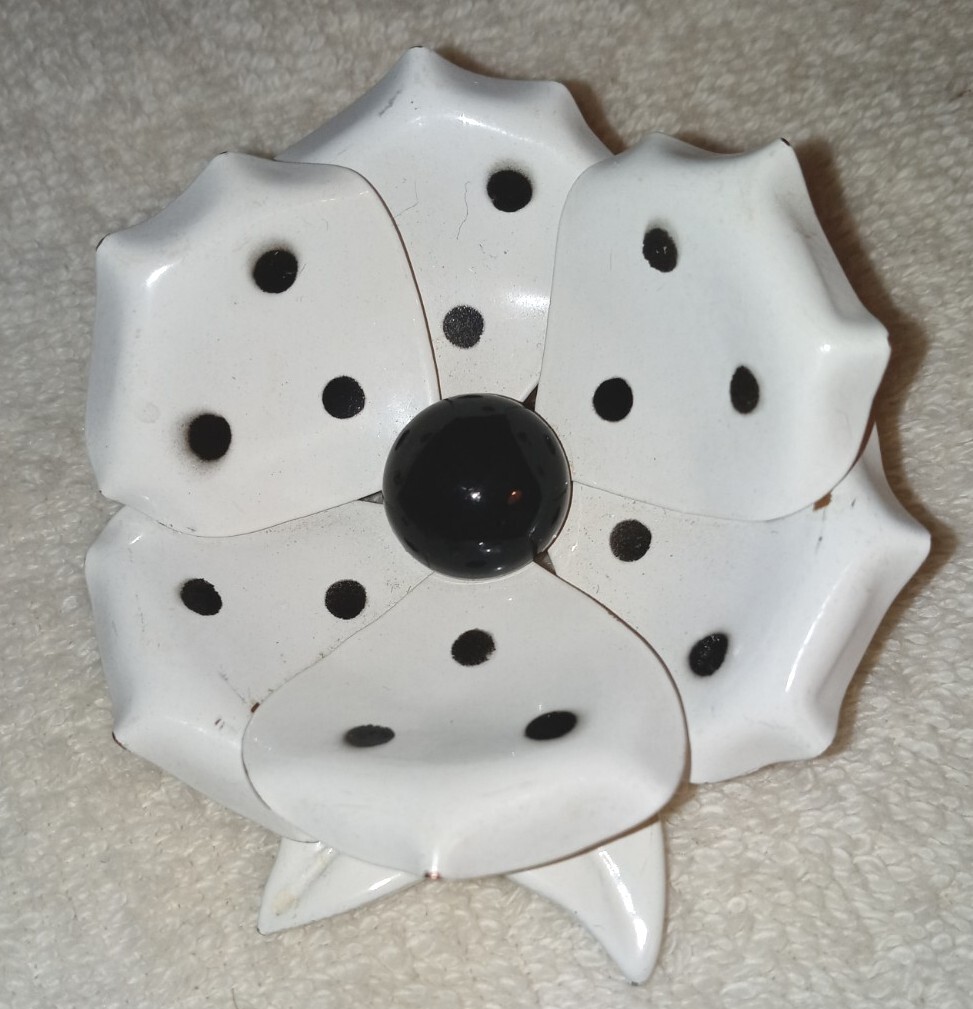 Enamel Brooch Vtg 60s Huge Pop Art White Black Polka Dots Flower Rockabilly Pin
