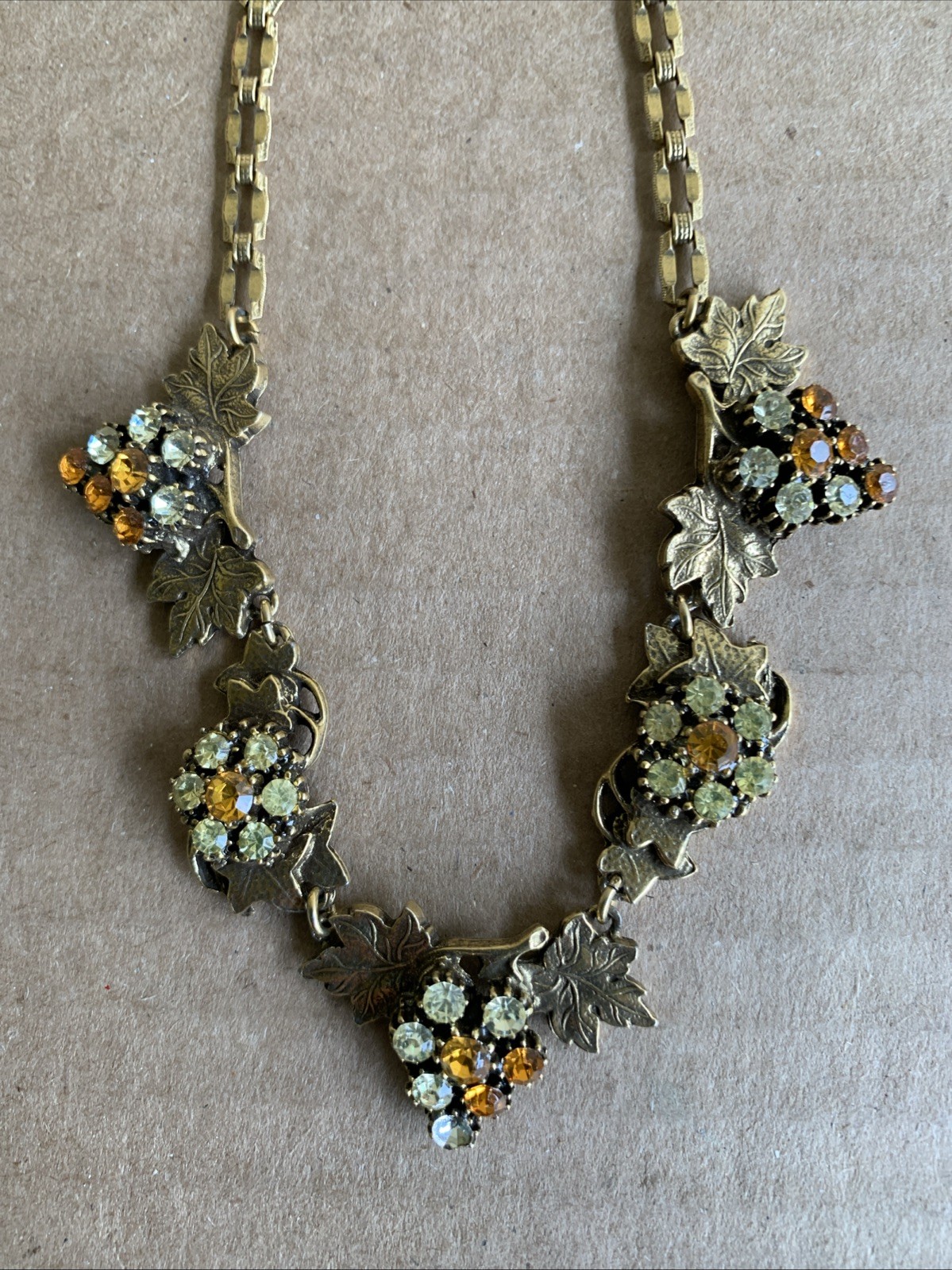 Vintage Unsigned Rhinestone Grape Cluster & Leaves Necklace