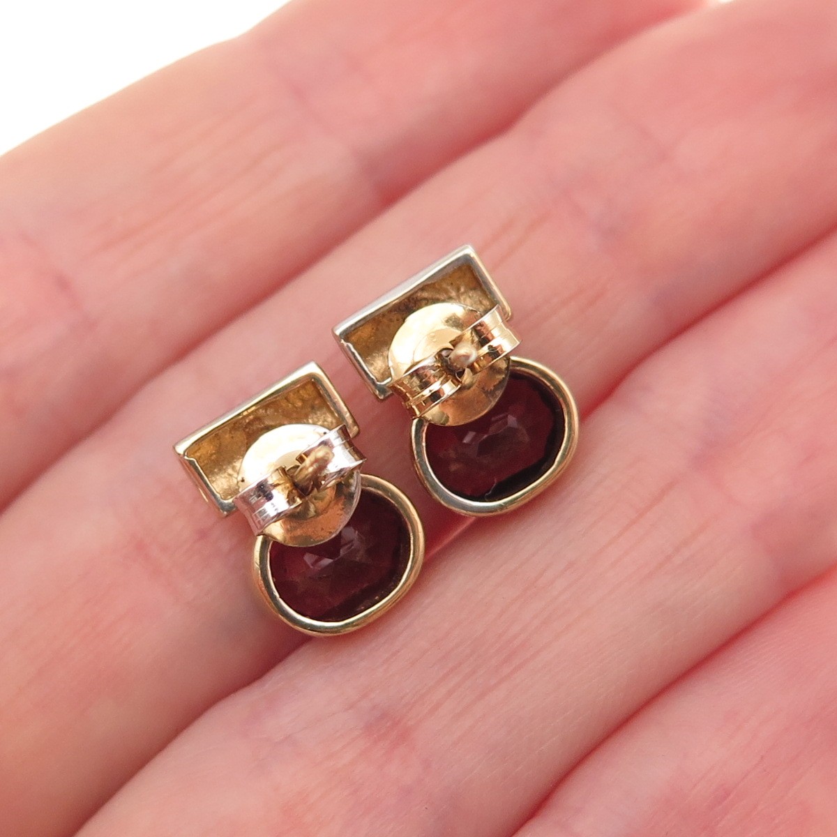 925 Sterling Silver 2-Tone Vintage Real Red Garnet & C Z Modernist Stud Earrings