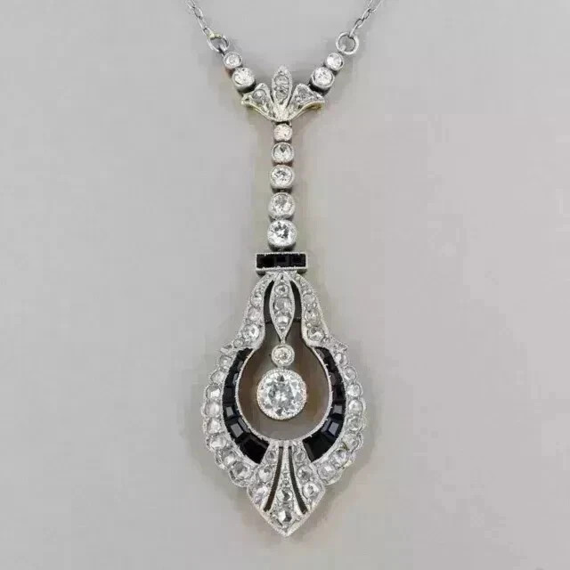Art Deco Style Lab Created Diamond & Onyx Anniversary 14K White Gold FN Pendant