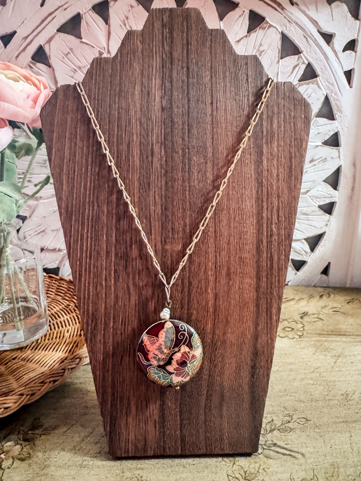 Vintage Cloisonné Butterfly Lotus Pendant Necklace 30” Red Enamel 44g