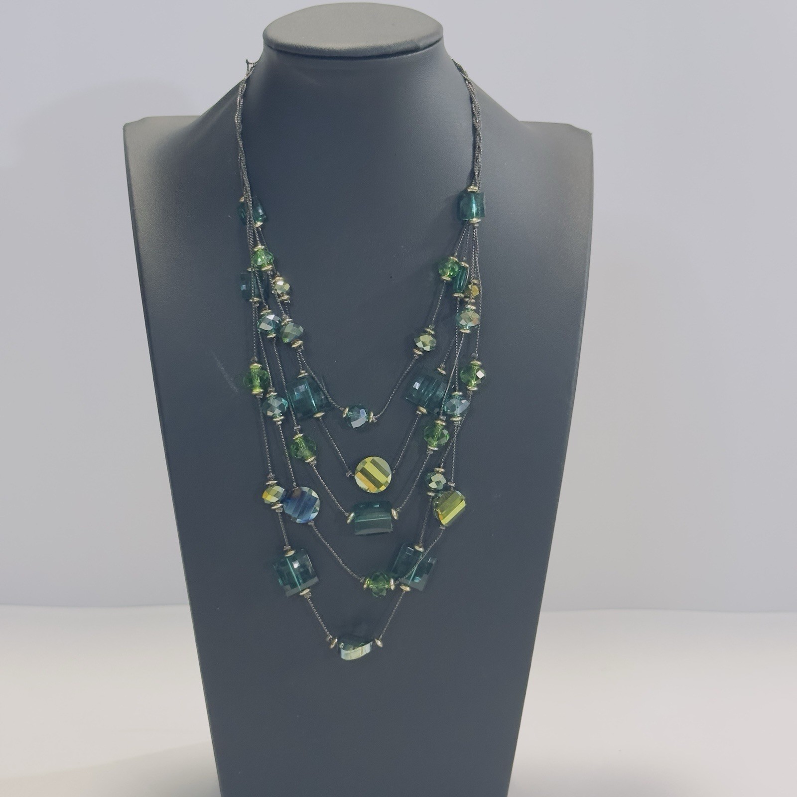 5 Strand Necklace Green Acrylic Glass Beads Black Wire Like Chain 11″ Faceted