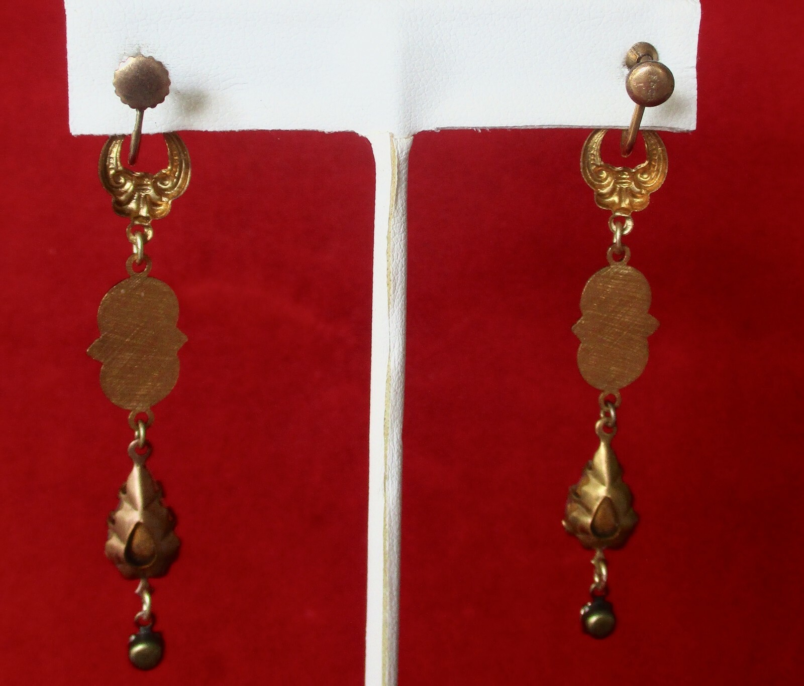 Pair of Antique Brass Screw Back Earrings With Opalescent Red Crystal Stones
