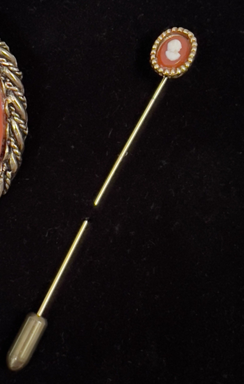 Vintage Gold Tone Orange & Cream Cameo Brooch & Cameo Stick Pin