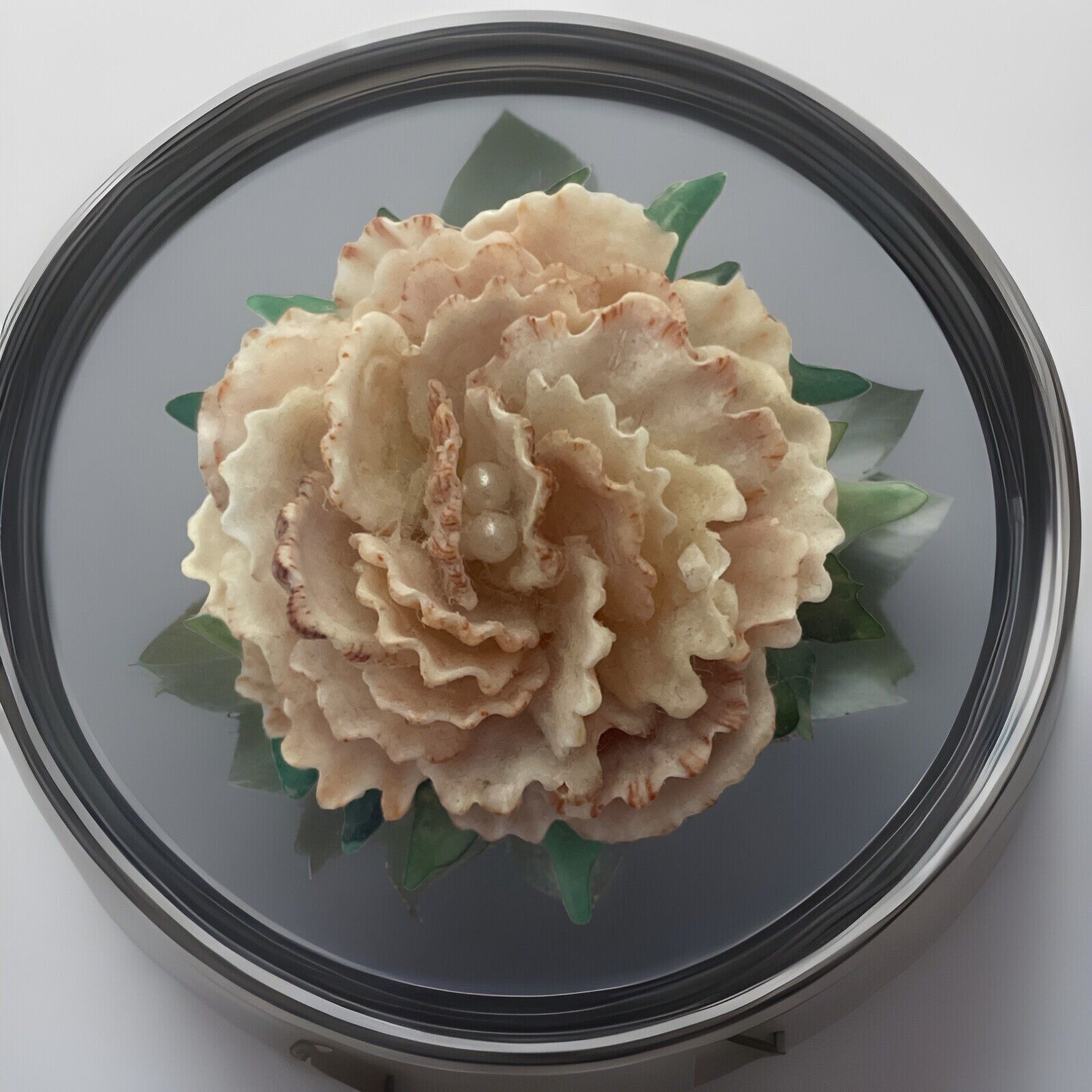Vintage Peach And Green Celluloid Flower Brooch V27