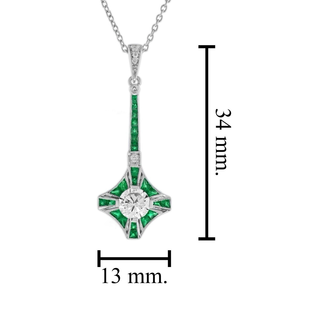 Art Deco Emerald & Moissanite Pendant Necklace Vintage Geometric Fine Jewelry