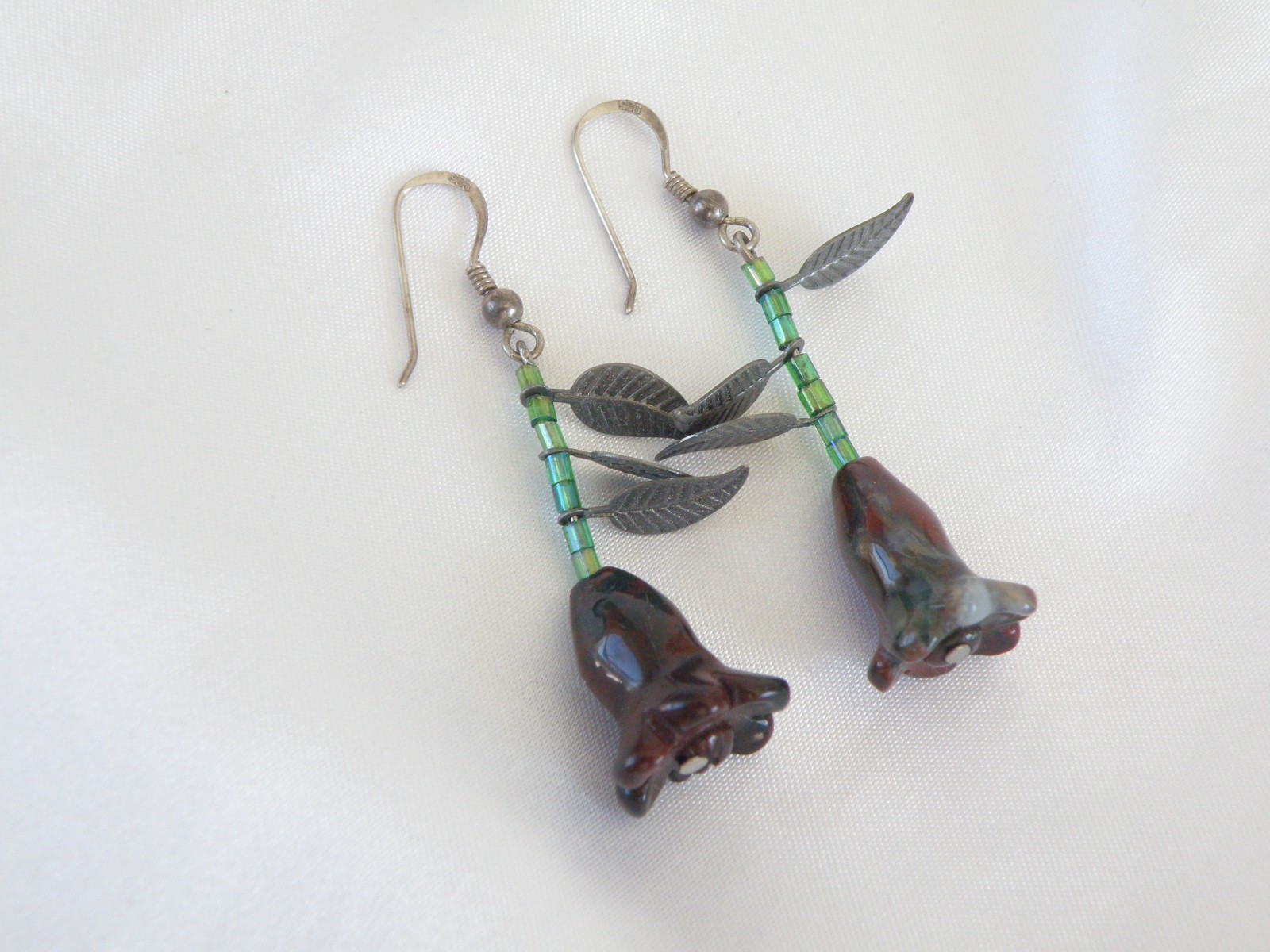 Vintage Sterling Silver 925 Artisan Tulip Flower Carved Stone Dangle Earrings