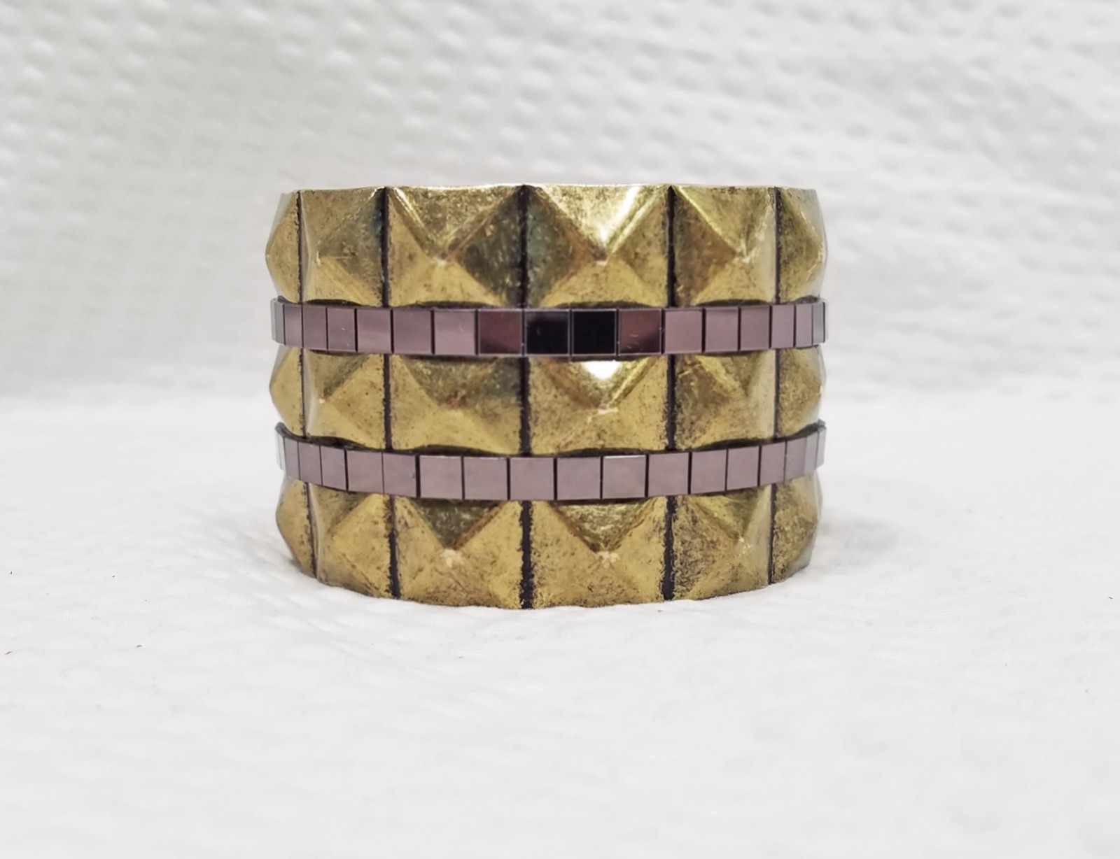 Vintage 1980s Rocker Style Pyramid Studded Brass & Gunmetal Wide Bangle Bracelet