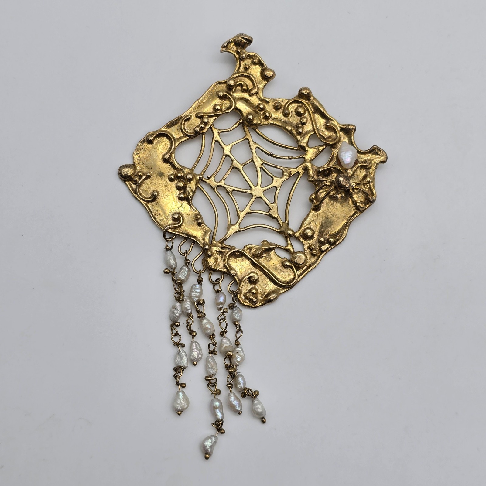 VTG Abstract Brutalist Spider Web Gold over Sterling Pearl Pendant Earrings Set