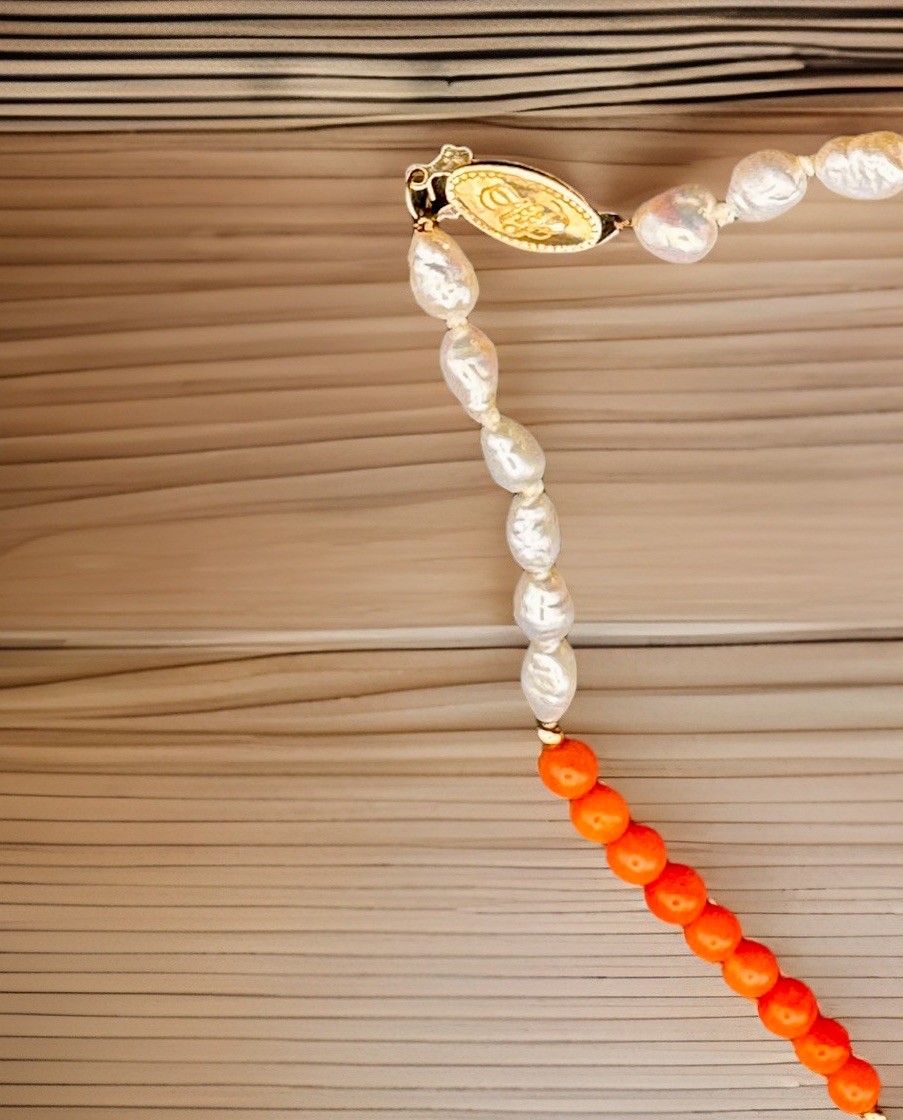 VINTAGE GENUINE CORAL BEADS/Pearl NECKLACE 14K CLASP Beautiful Classic F/S