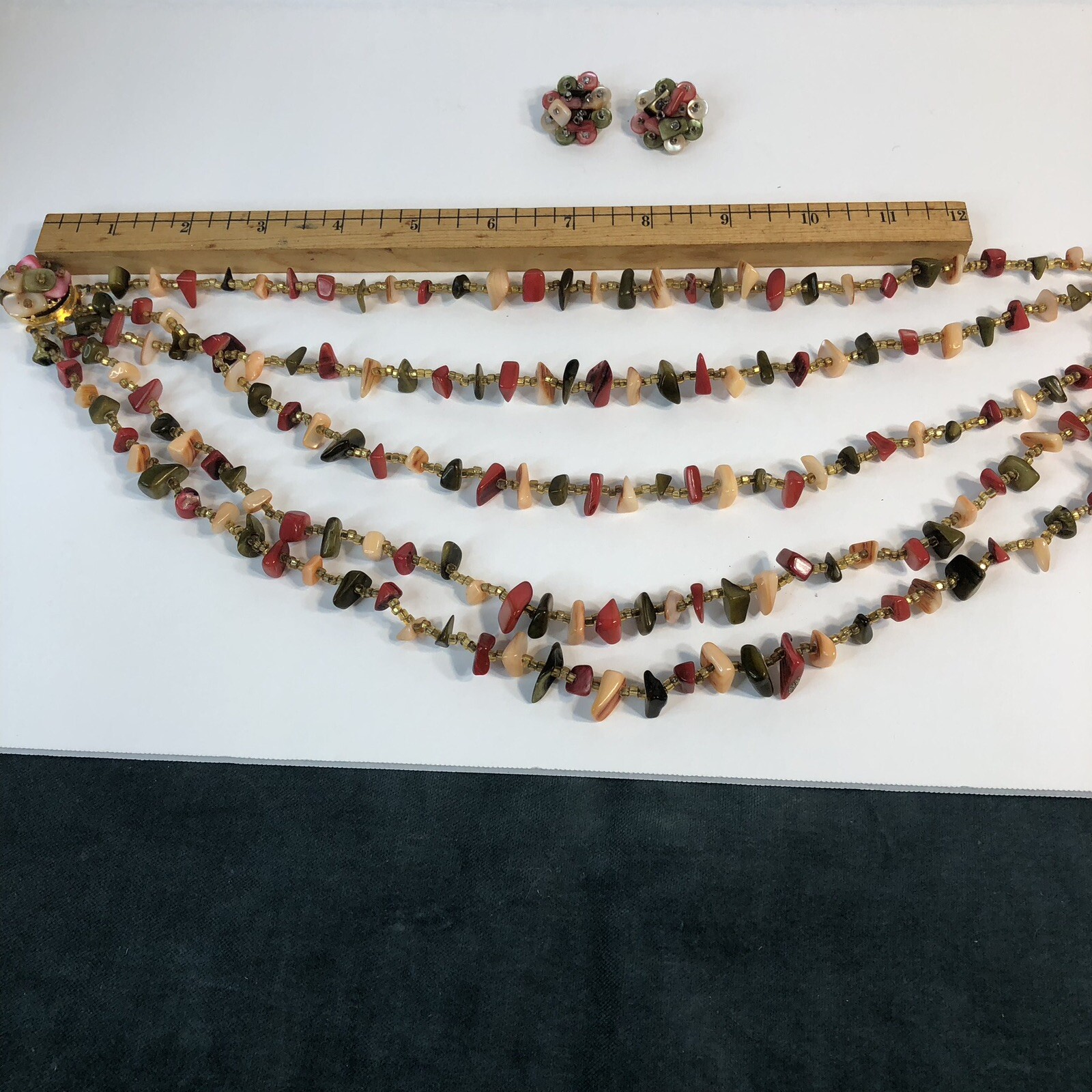Vintage Japan 4 Strand Necklace and Earrings Dyed Abalone Shell Beads Clip Back